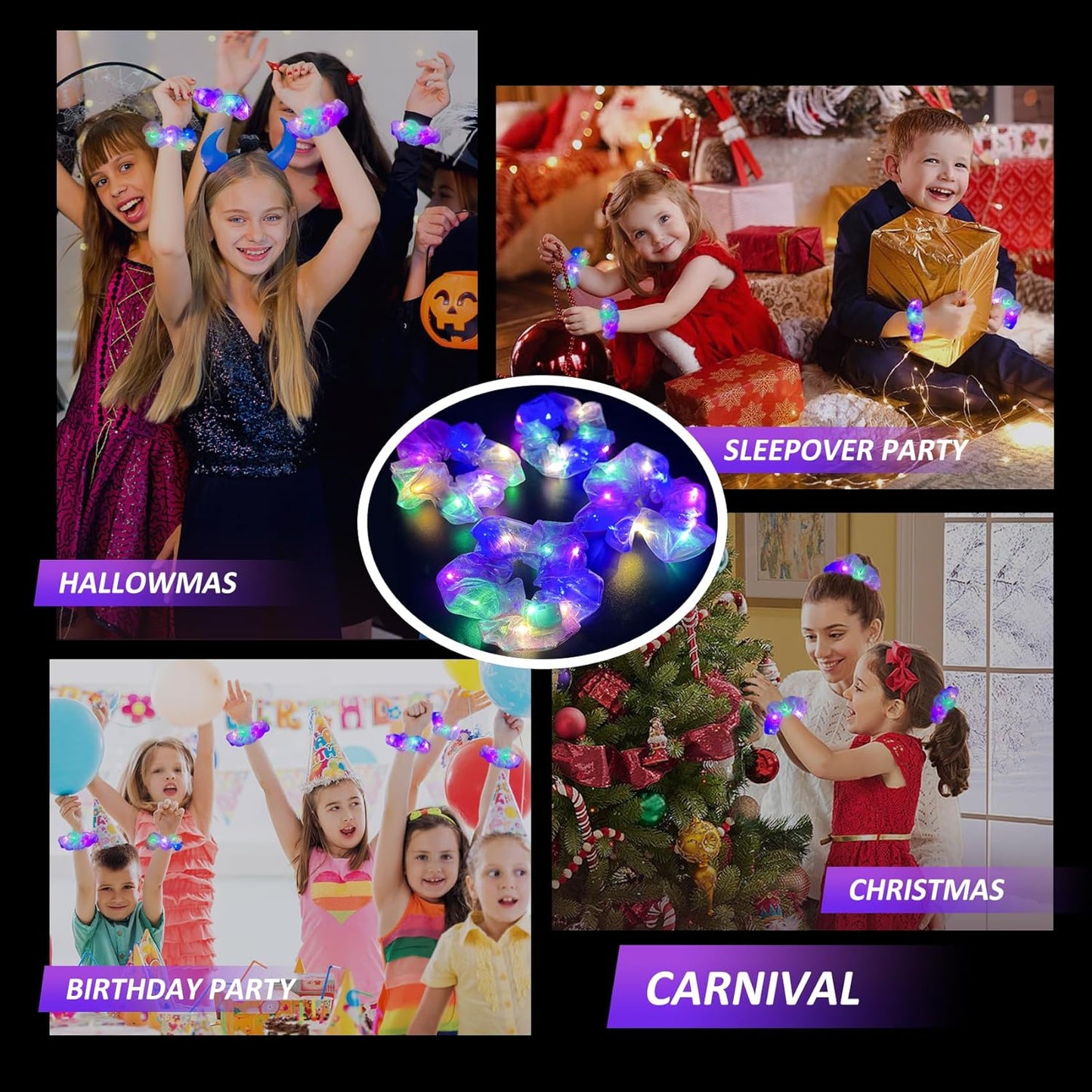 4Pcs Light Up Scrunchies for Women Girl, Multi Light Modes LED Scrunchy, Hair Tie, Glow in The Dark Hair Accessories, Orange Set for Rave Party, Christmas Festival, Neon Glow Party