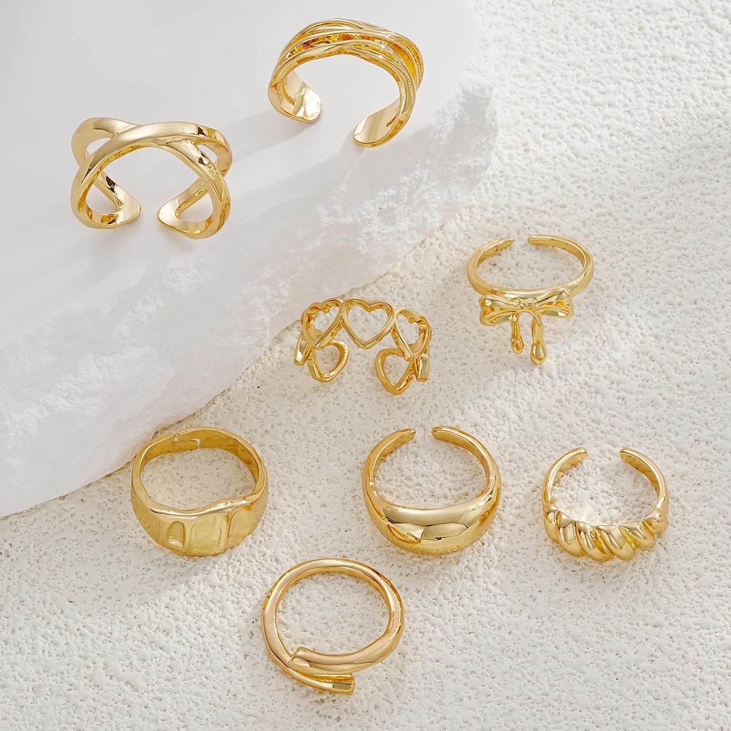 FAXHION 12PCS Gold Stackable Rings Set for Women, 18K Gold Plated Open Stacking Knuckle Ring, Adjustable Chunky Signet Band Statement Ring for Gift