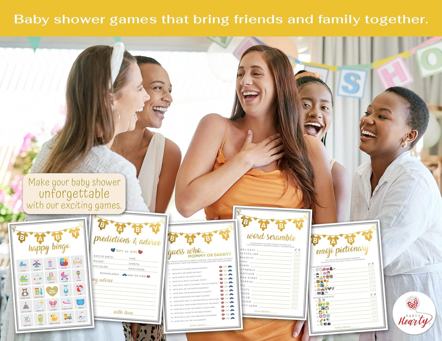 Party Hearty Baby Shower Games for Girl or Boy, 250 pcs 5 Games Activities Cards, Funny Baby Shower Games, Gender Neutral, Baby Shower Ideas