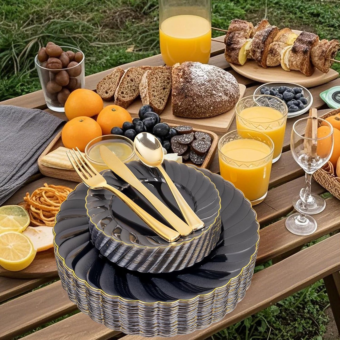 YOUBET 125PCS Clear Black Plastic Plates - Black and Gold Disposable Plates Include 50 Plate, 75 Silverware for Wedding & Party & Birthday