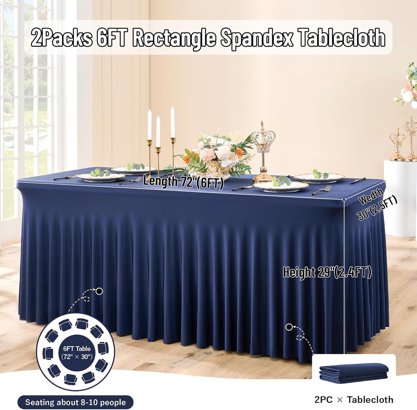 leegleri 2 Pack Navy Blue Spandex Table Clothes for 6 Foot Rectangle Tables, Wrinkle Free Fitted Table Cloth 6ft Stretch Tablecloths for Parties Weddings Birthday Banquet Baby Shower
