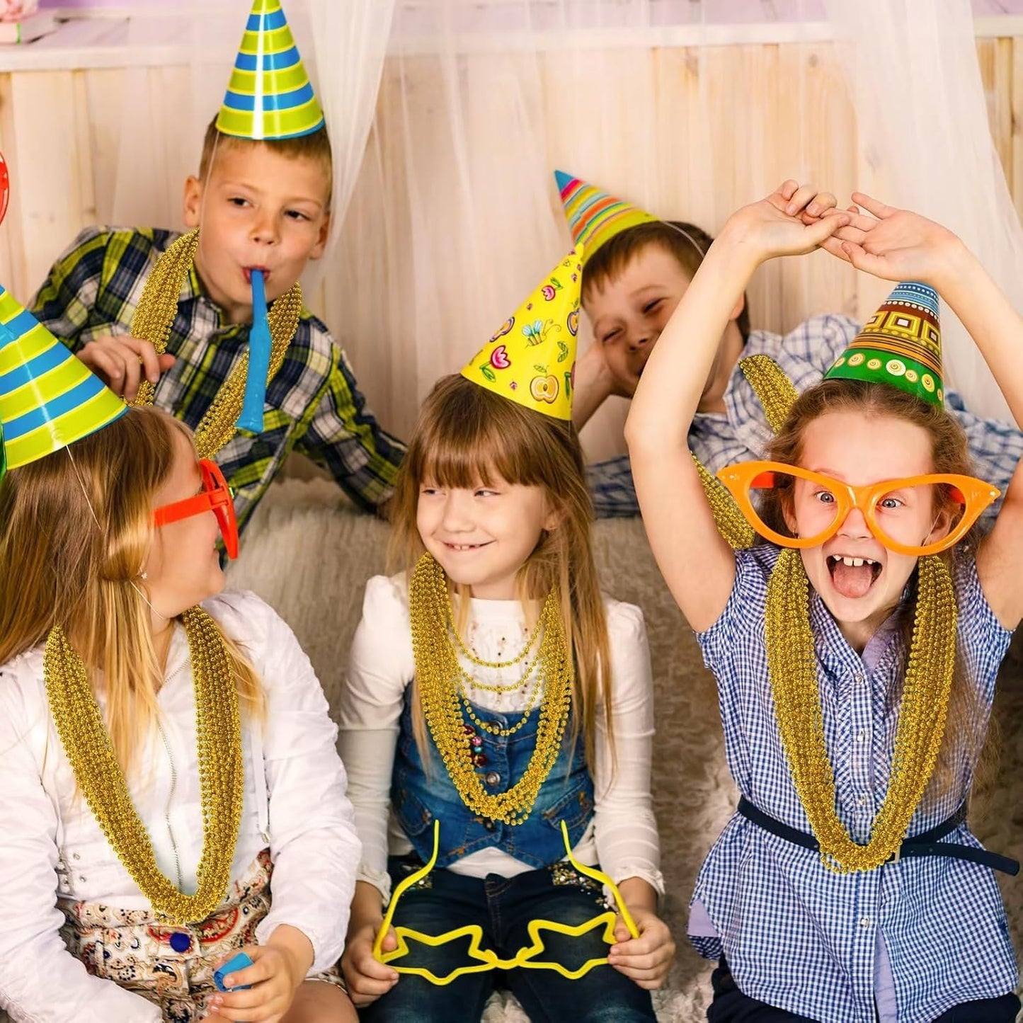 50PCS Mardi Gras Beads, Gold Bead Necklace Stuff, 33" Mardi Gras Christmas Beads Necklace Costume, Festival Parade Throw Accessories for Mardi Gras St Patricks Xmas Wedding Birthday Supplies Decor