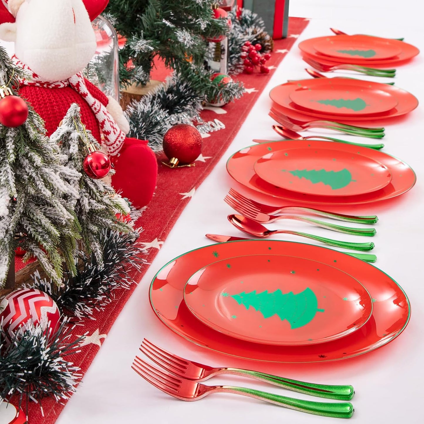 Liacere 200PCS Christmas Plastic Silverware - Red and Green Plastic Silverware include 100PCS Red and Green Forks, 50PCS Red and Green Knives, 50PCS Red and Green Spoons for Christmas