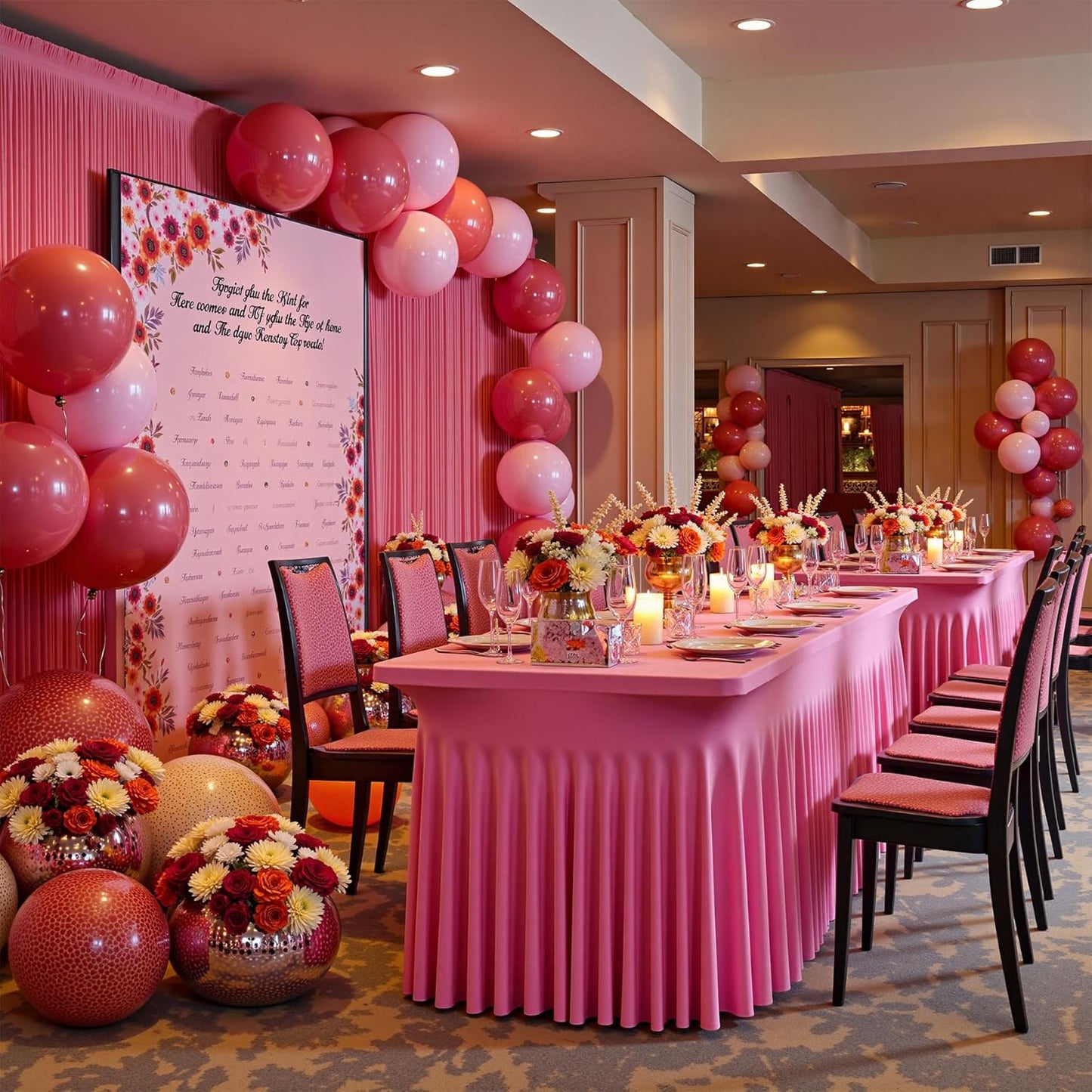 NSSONBEN 4 pk Hot Pink Spandex Tablecloth for 6 Foot Rectangle Tables, Wrinkle Free Fitted Spandex Table Covers 6ft Stretch Table Cloths with Ruffle Skirt for Parties Weddings Banquet Baby Shower