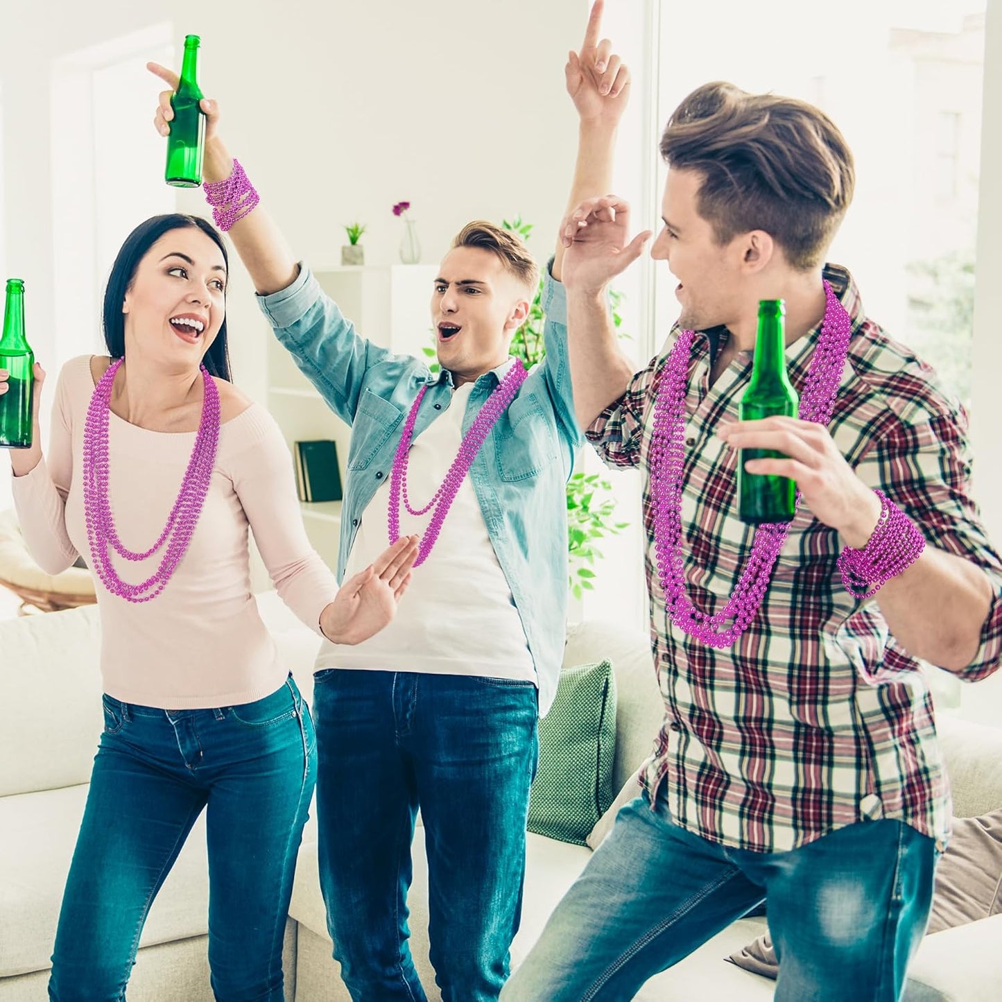 30PCS Bead Necklace, 33" Breast Cancer Awareness Accessories Bead Necklaces Bulk, Mardi Gras Beads Necklace, Festival Parade Throw Accessories for Wedding Birthday Gender Reveal Party Events Supplies