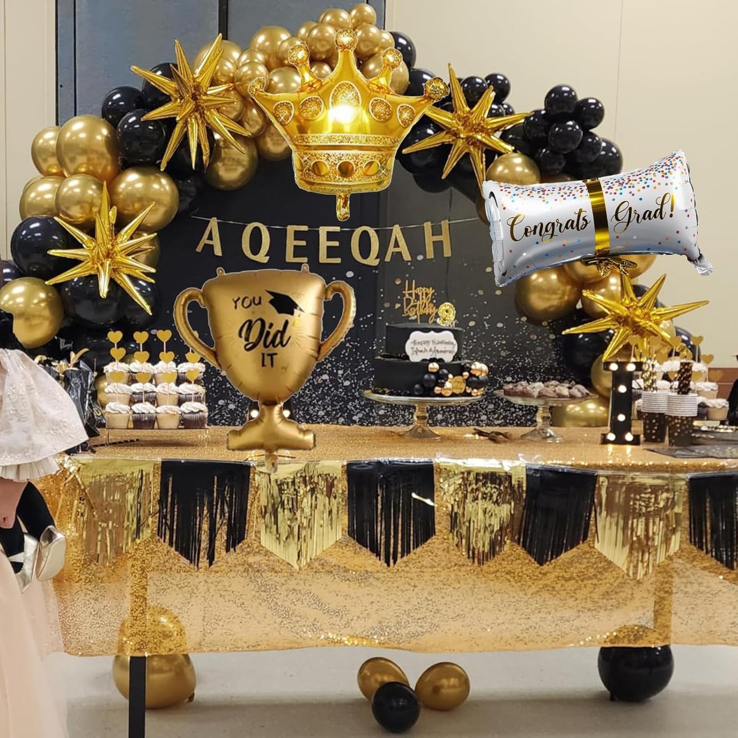 Graduation Decorations Class of 2025 Black and Gold Balloons Arch kit, 120 Pcs Congratulations Graduation Balloon with Gold Confetti Balloons Explosion Star Certificate Trophies Crown Foil Balloon