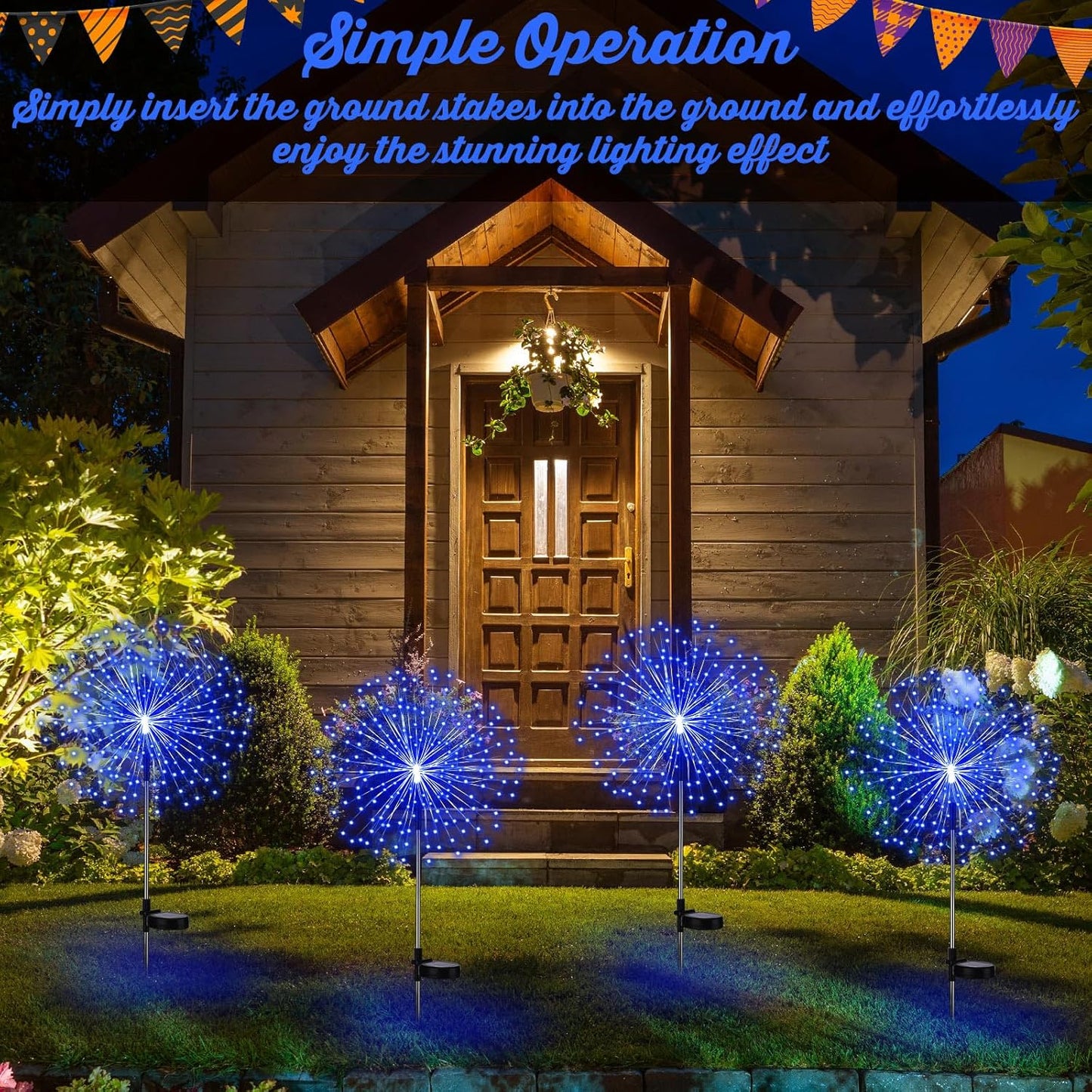 4 Pack Christmas Solar Firework Lights Decorations Garden Pathway Solar Power Light Stake Waterproof Landscape Lamp with 180 LED 8 Modes for Christmas Party Decoration(Blue)