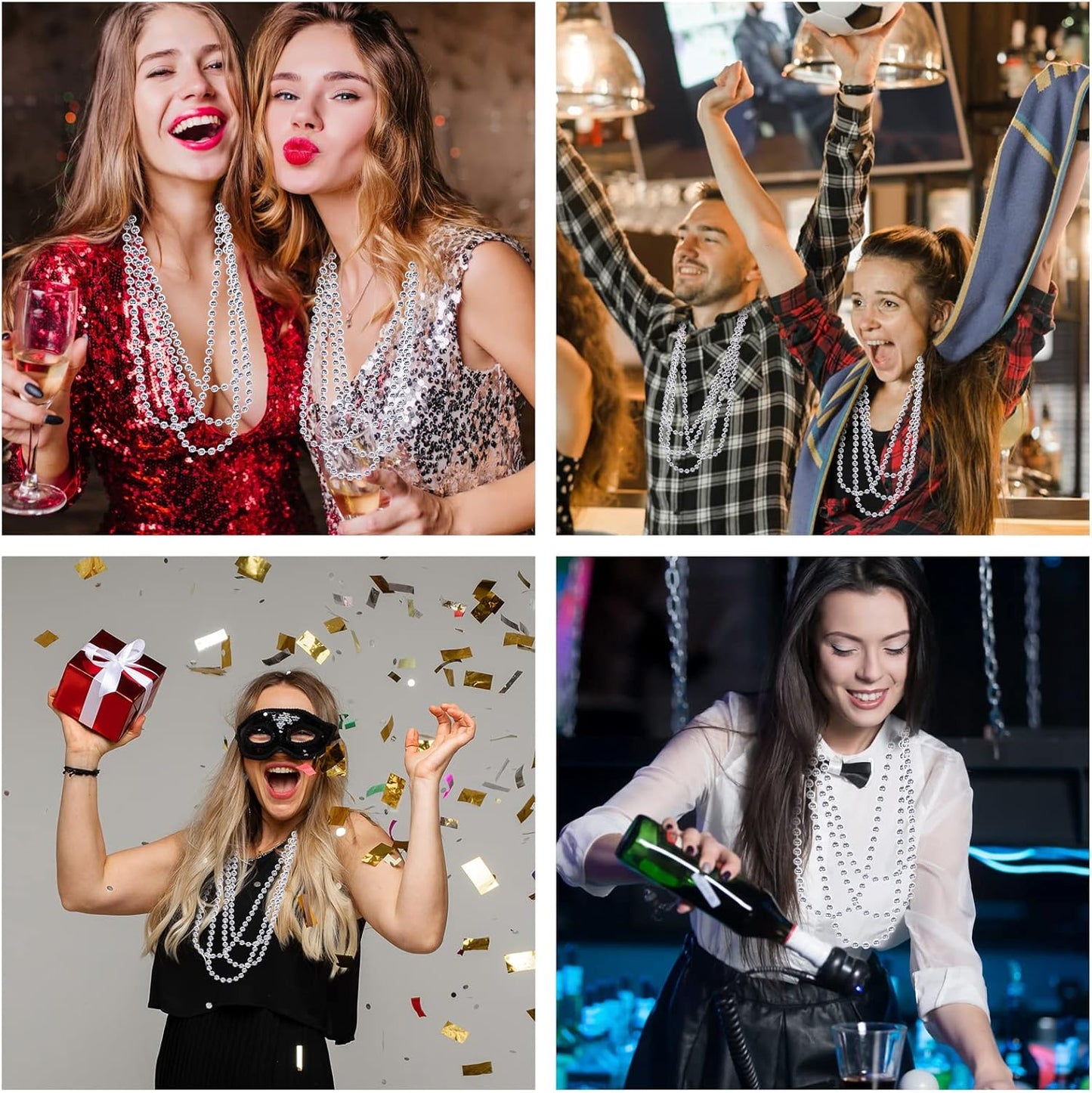 24 PCS Silver Bead Necklaces, Silver Mardi Gras Christmas Beads Necklaces, Patriotic Necklaces, 33 Inch Beaded Necklaces for Mardi Gras Christmas Party, 4th of July and New Year Eve Festive Events