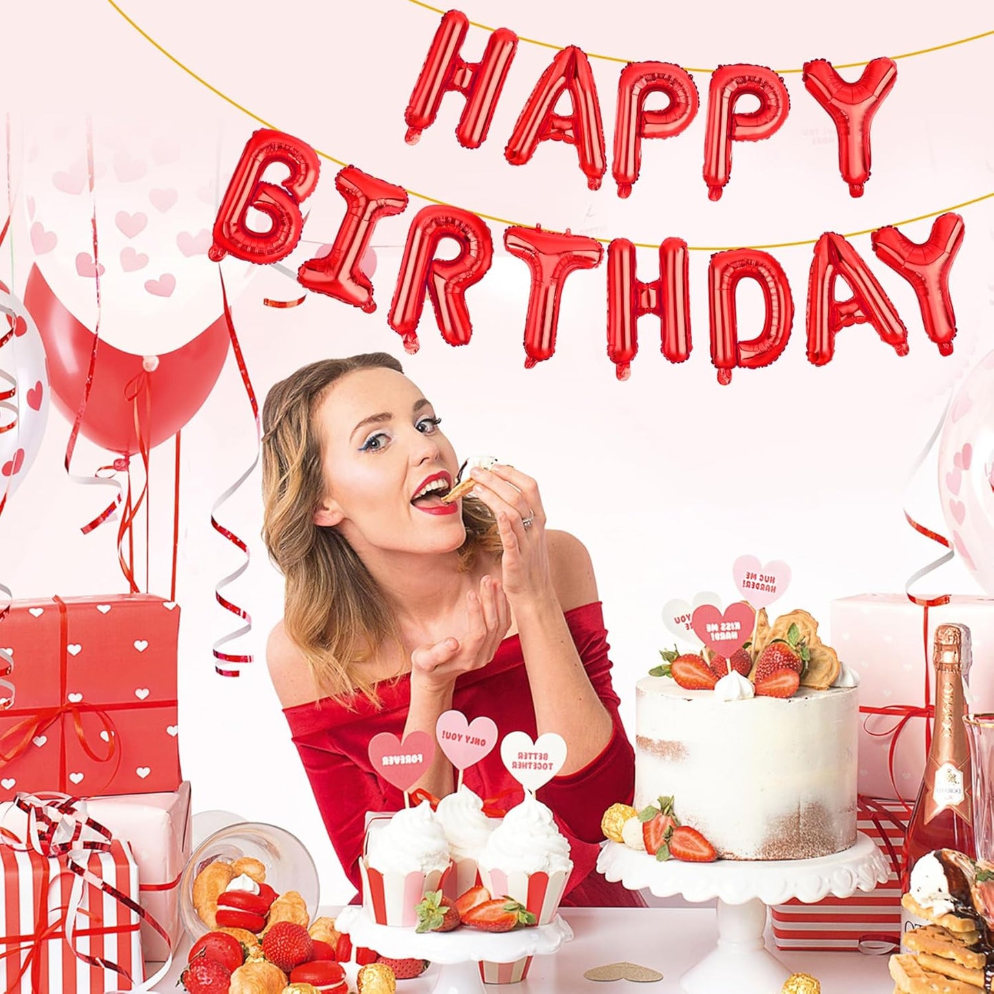 LIOZEOKUN Happy Birthday Balloon Letters 16 inch Mylar Foil Birthday Balloons Banner Sign for Birthday Party Decorations Supplies (Red)