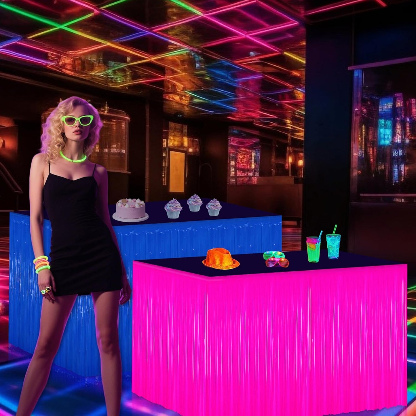 Glow in the Dark Party Supplies - 6Pack Neon Tinsel Fringe Table Skirts Party Decoration, 31.5"x118" UV Reactive & Fluorescent Neon Streamers for Glow Party, Birthday, Rave, Blacklight Event