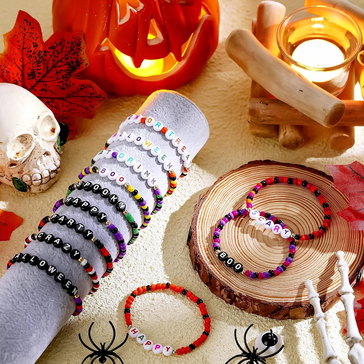 Cunno 36 Pcs Kids Friendship Bracelets for Girls Women Beads Bracelets Surfer Stretch Beaded Cute Colorful jewelry for Birthday Goodie Bag Stuffers Fillers School Gifts Party Favors(Spooky Style)