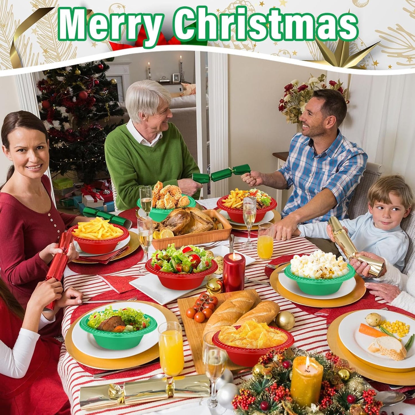 Layhit 100 Pcs Christmas Plastic Bowls 12 oz Disposable Salad Red Green Plastic Serving Xmas Party Supplies Candy Snack Bowls for Christmas Holiday Party Picnic