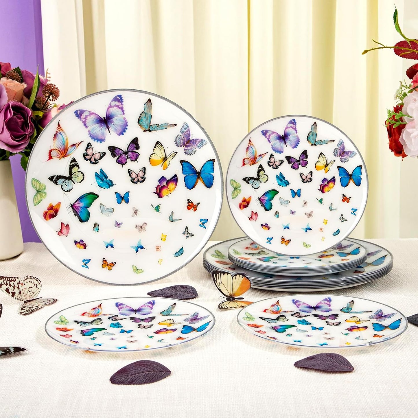 LIYH 60 Pcs Butterfly Plates Disposable Heavy Duty Fancy White Plastic Plates for Party Plate for Garden Party Birthday Wedding Butterfly Decor Include 30 10.25" Dinner & 30 7.5" Dessert Plate