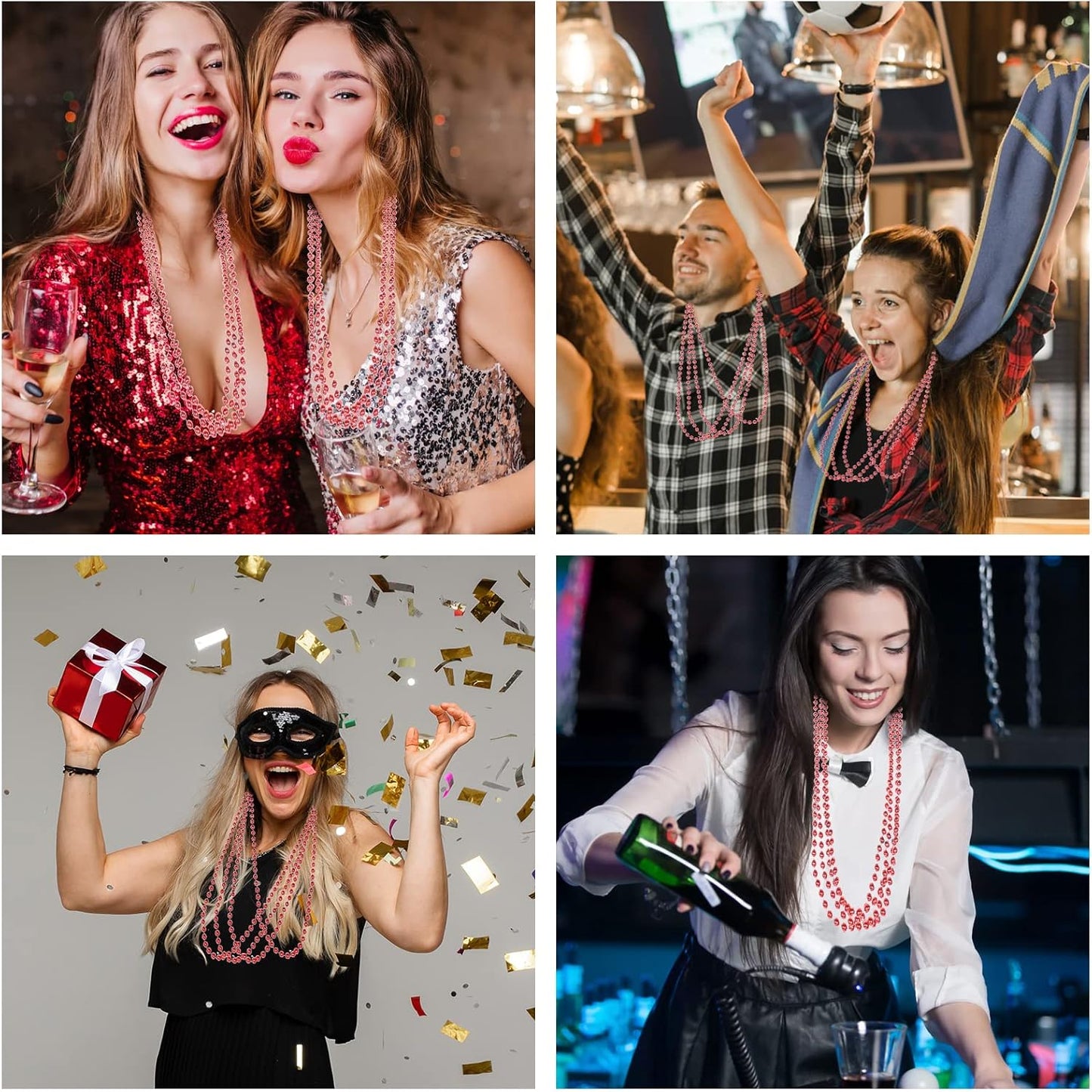 YAXINRUI 24 PCS Red Bead Necklaces, Red Christmas Mardi Gras Bead Necklaces, Valentine Necklace, 33 Inch Round Beaded Necklaces for Mardi Gras Christmas Valentine Festive Events, Party Favors