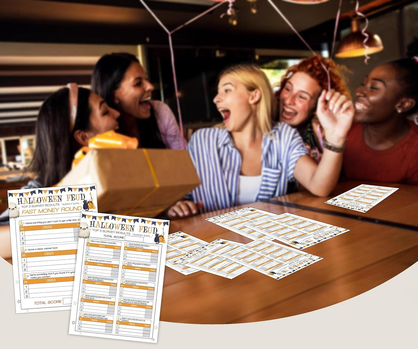 Halloween Feud Game Set, Friendly Feud Quiz, Baby Shower Game, Halloween Party Activity, Family Games for Adults (30 Halloween Feud Cards + 3 Fast Money Round Cards) Halloween Party Decorations-P001