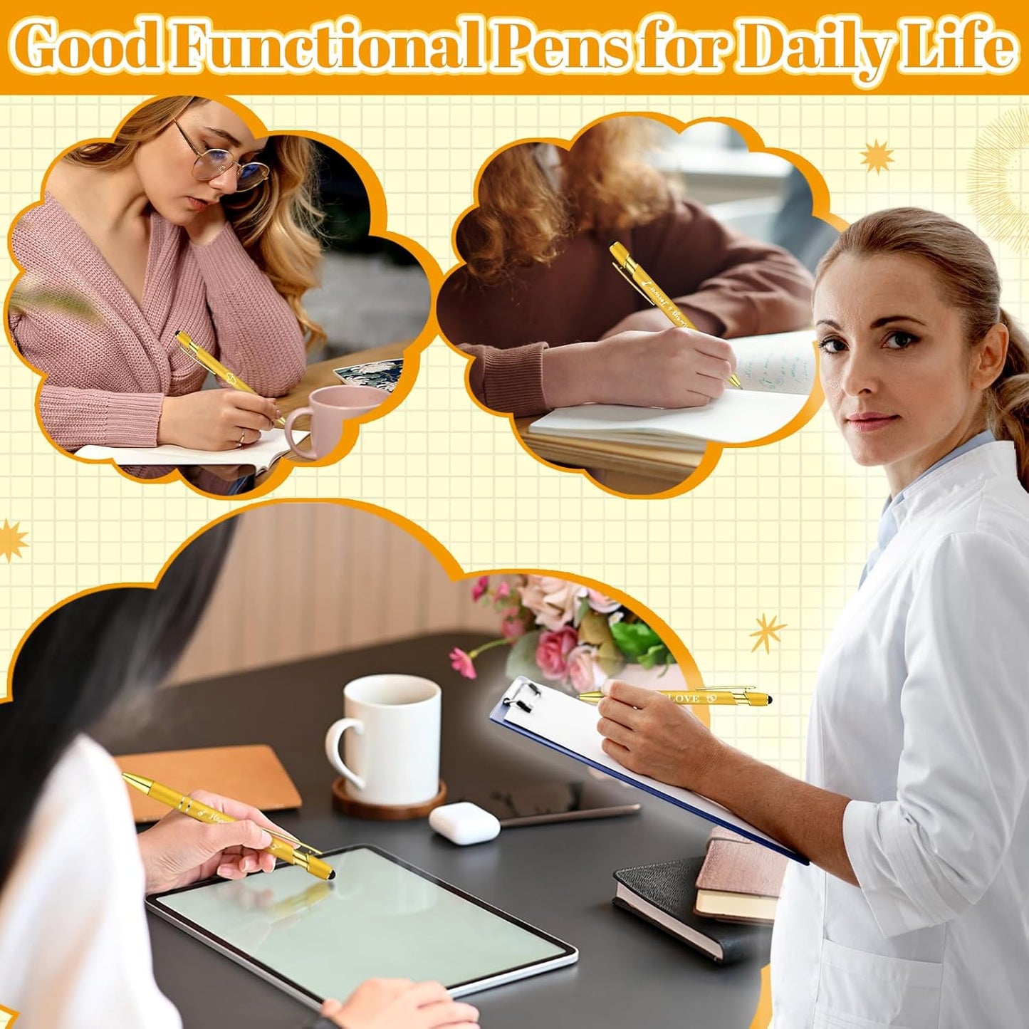 Kisston 36 Pcs Wedding Pens Bulk Bridal Shower Pens Favors Bachelorette 6 Styles Retractable Ballpoint Wedding Favors Supplies for Guest Game Office(Gold)