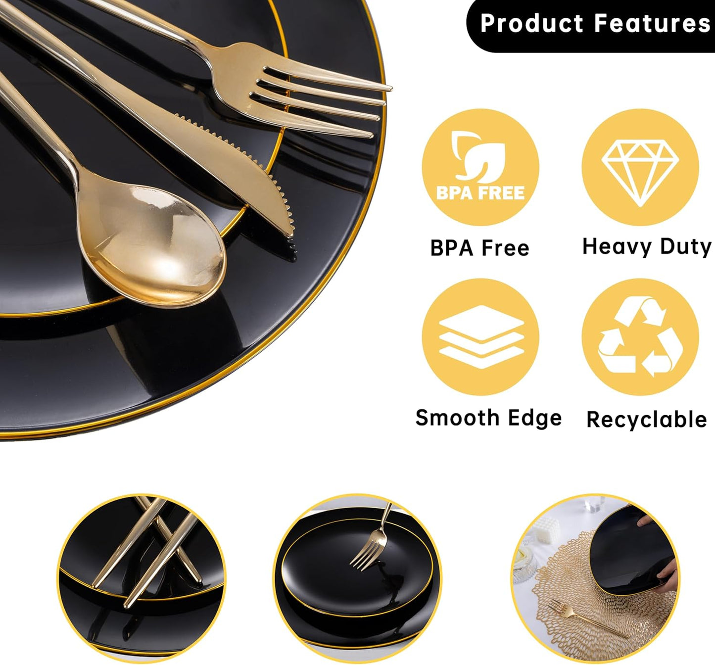 MirthMood 210Pcs Black and Gold Disposable Plates,Black Plates, Black and Gold Plates Include 30 Dinner,Dessert Plate,30 Cup&30 Napkins, 90 Gold Silverware for Wedding & Party & Birthday & Halloween