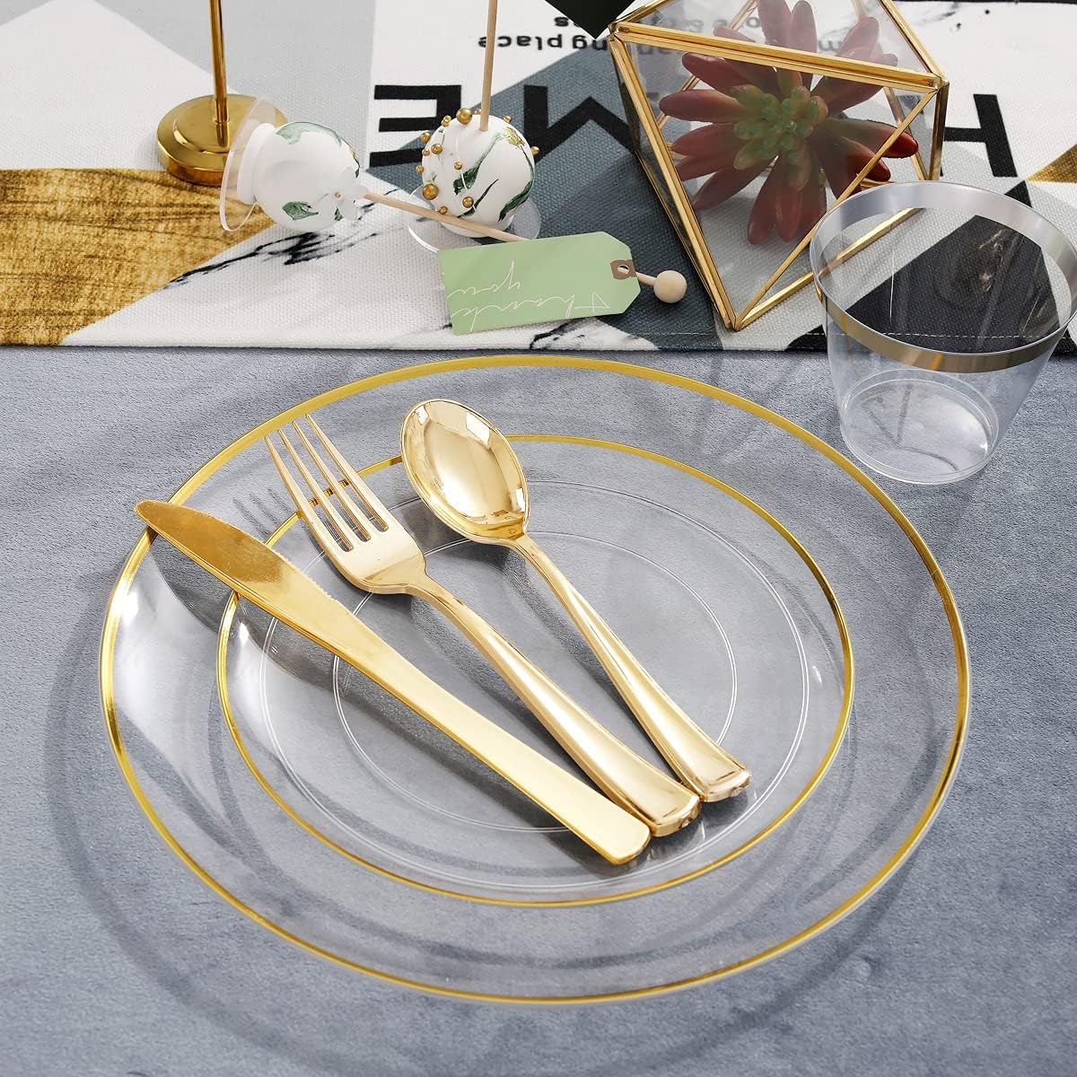 LIYH 120 Pcs Clear Gold Plastic Plates for Party, Crystal Gold Plastic Party Plates, Elegant Disposable Plate Set Included Dinner & Dessert Plate for Wedding Birthday 60 Guests
