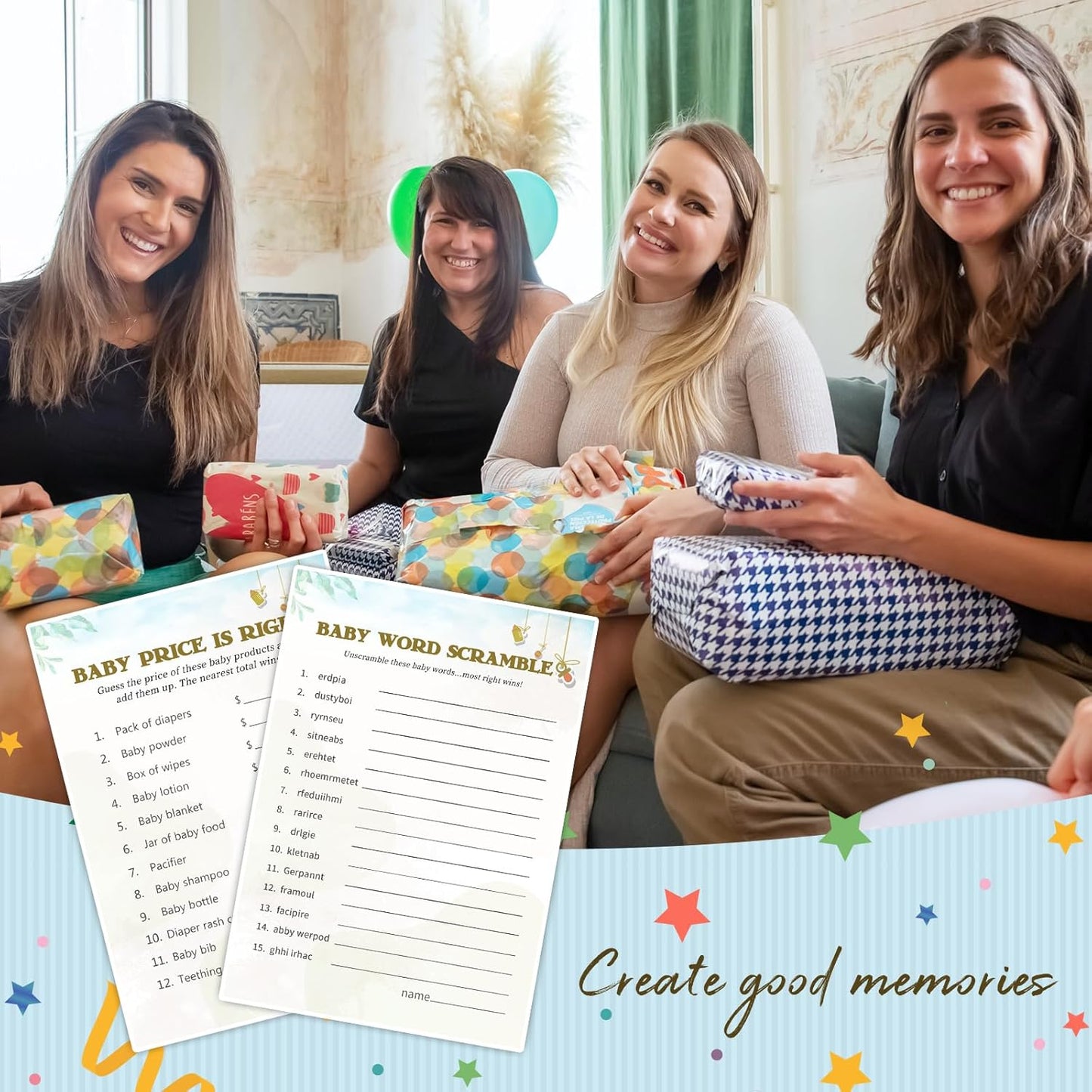 Baby Shower Games for Boy or Girl-2 Games(50 of Each),Baby Shower Word Scramble Game&Price is Right,Double-Sided,Fun,Hilarious,and Easy to Play,Gender Neutral,With Answer Keys