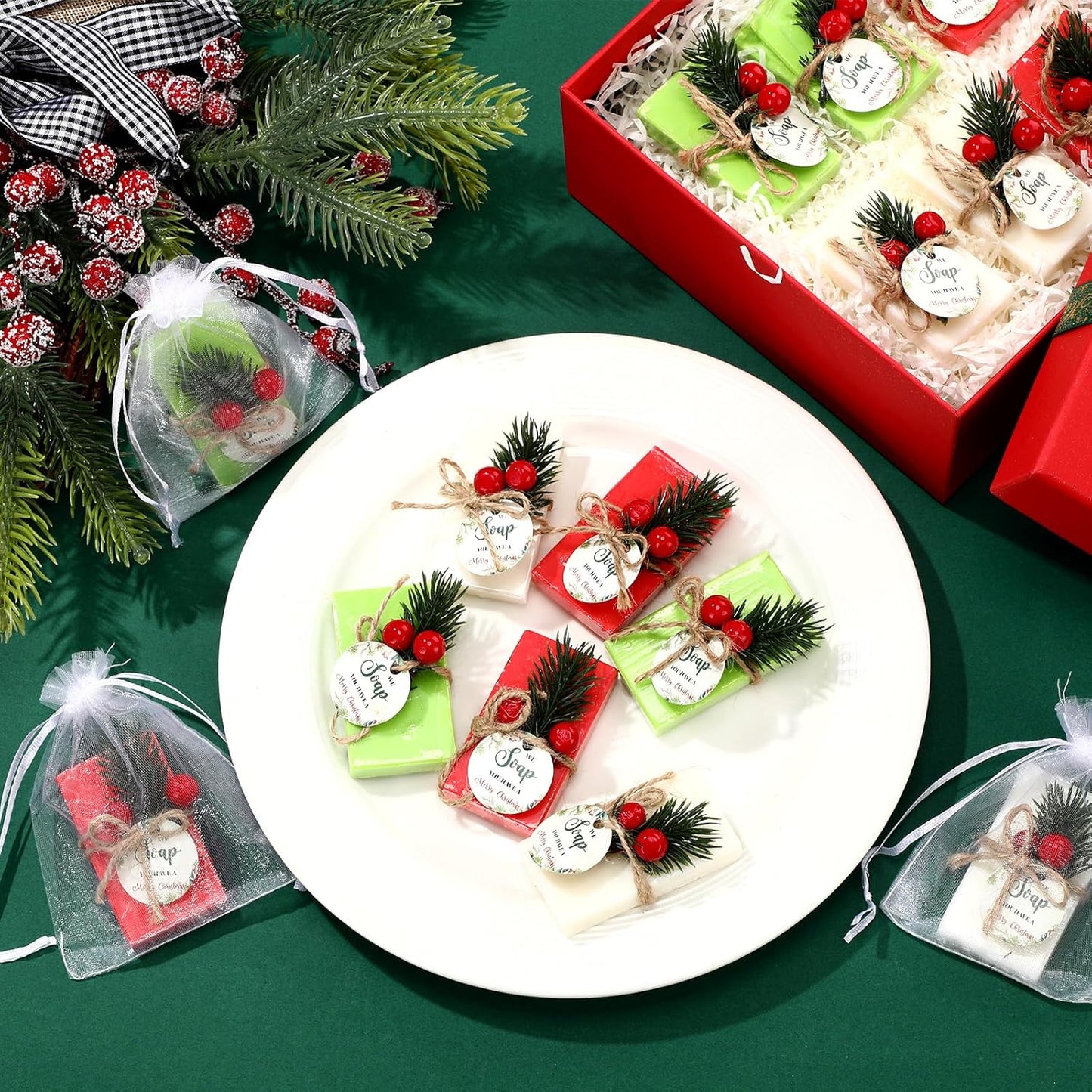 24 Set Christmas Party Favors Bar Soap Gift Bulk Handmade Mini Soaps with Tags Drawstring Gift Bag, Guests Return Thank You Gifts for Xmas Goodie Bags Stocking Stuffers Wedding Party Favors