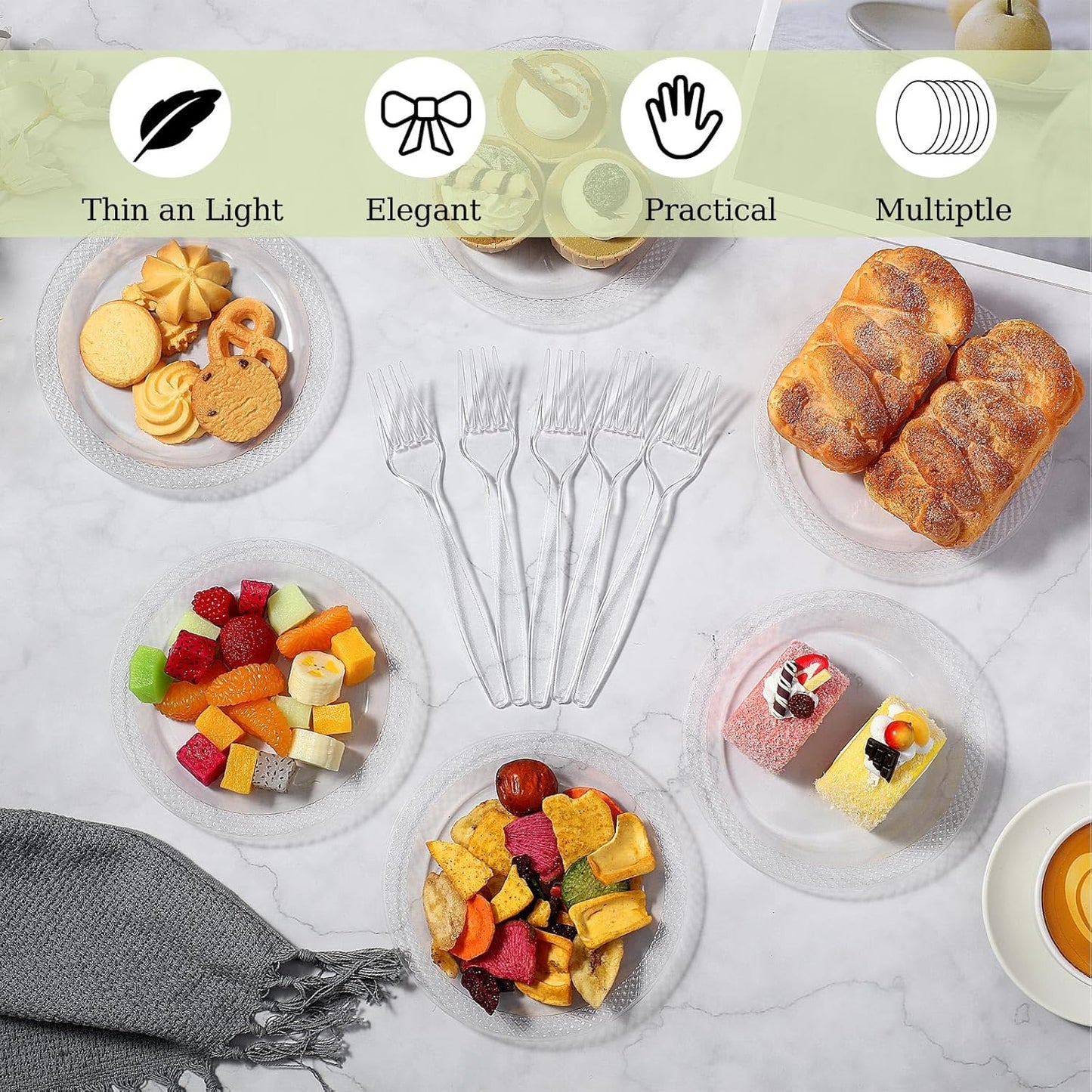 Hushee 400 Pcs 6 Inch Plastic Dessert Plates with Forks for Cake Appetizer, 300 Disposable Plates and 300 Plastic Forks for Wedding Birthday Party Event Bulk (Clear)