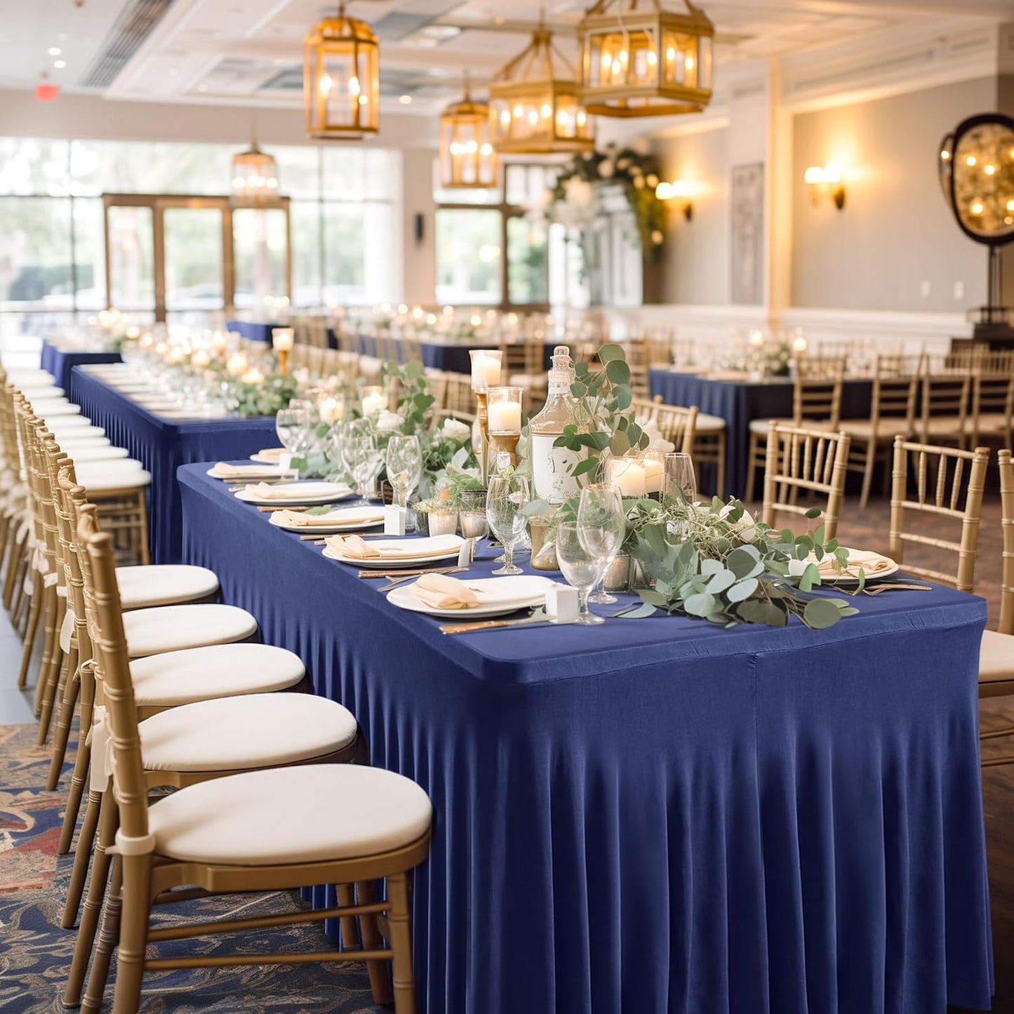 2 Packs Navy Blue Table Clothes for 6 Foot Rectangle Tables, One-Piece Wrinkle Resistant Stretch Spandex Table Covers with Table Skirt for Event Banquet Wedding Birthday Party