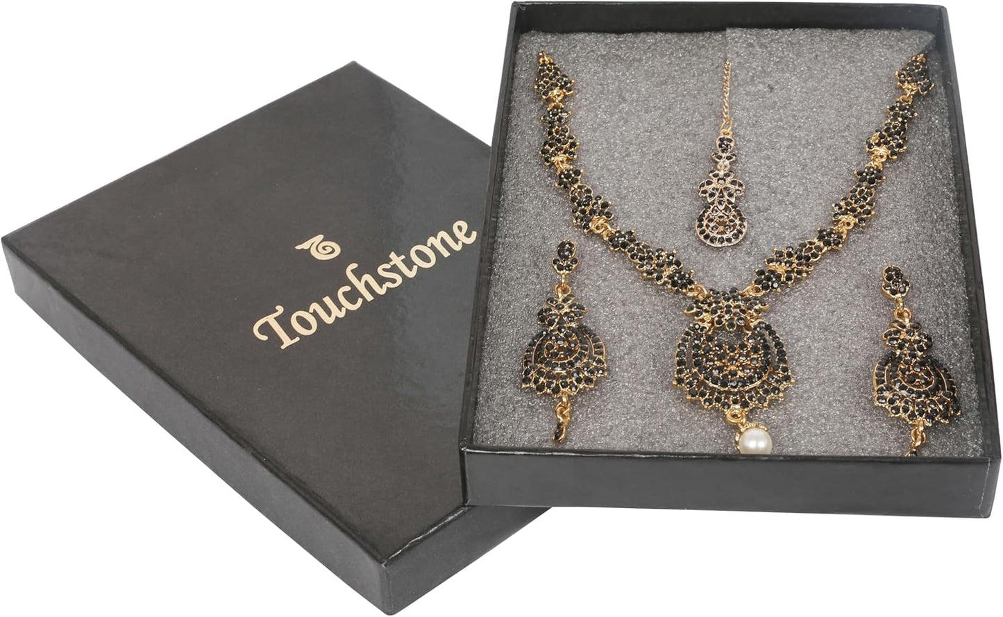 Touchstone Indian jewelry sets for women maang tikka wedding guest gold necklace bollywood jewellery set pageant elegant prom bride accessories western crystal chunky rhinestone necklaces