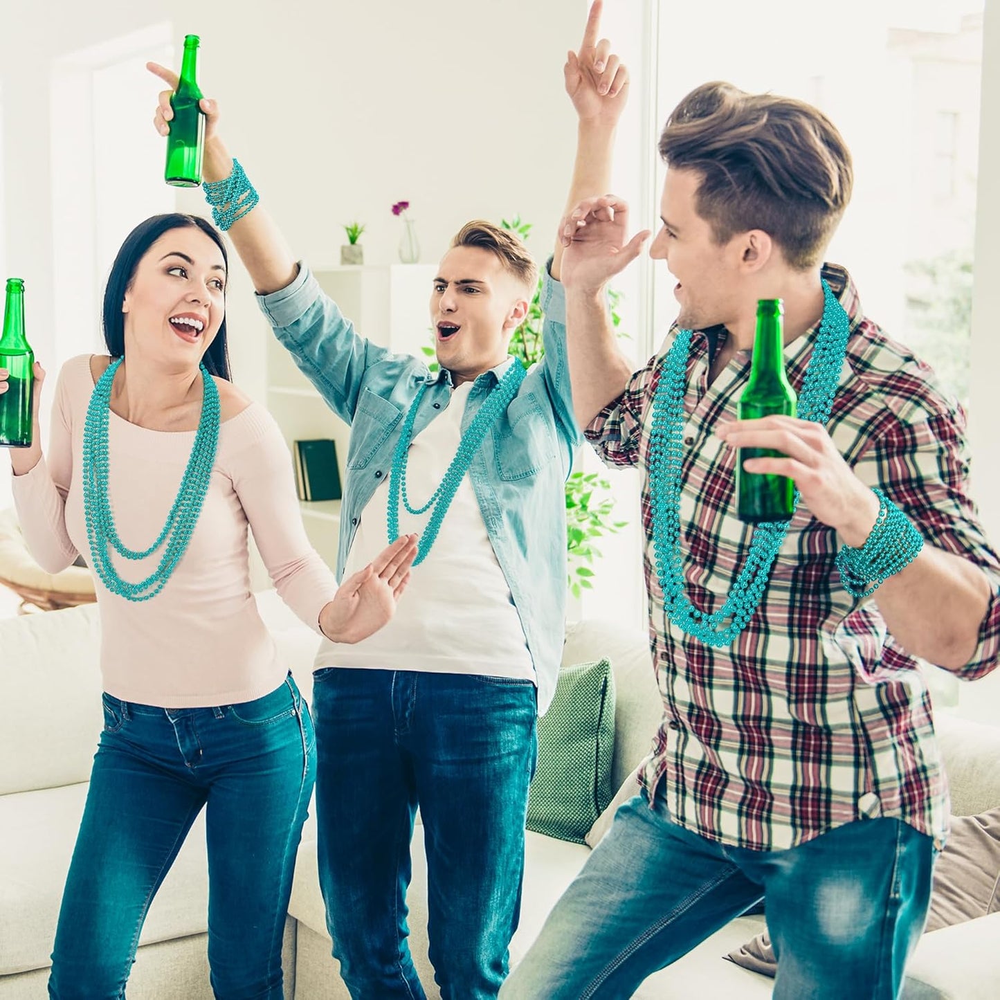 30PCS Mardi Gras Beads, Metallic Teal Blue Bead Necklace, 33" Mardi Gras Necklace Party Favors Stuff, Festival Parade Throw Accessories for Gender Reveal Wedding Birthday Party Supplies Decor