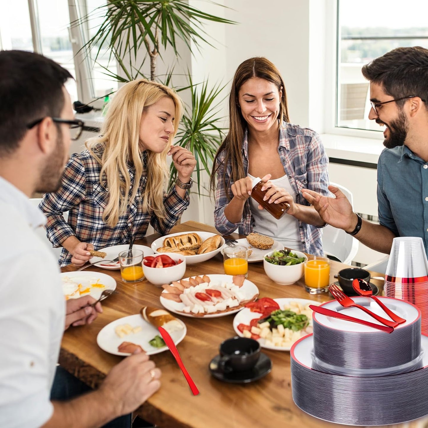 N9R 600PCS Clear and Red Disposable Plates, Heavy Duty Plastic Dinnerware Set for 100 Guests Includes 100 Dinner & Dessert Plates, Cups, Spoons, Forks, and Knives, Perfect for Parties, Weddings