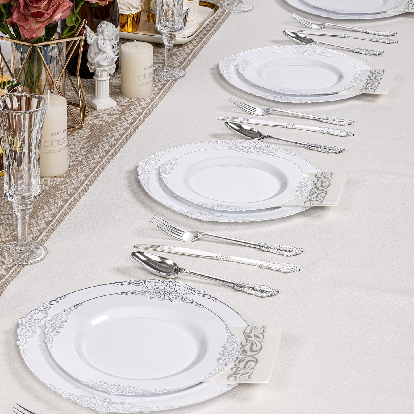 Goodluck 100PCS White and Silver Plastic Plates – 10.25” Heavy Duty Disposable Dinner Plates & Party Plates for Weddings, Parties, Events – Elegant, Sturdy