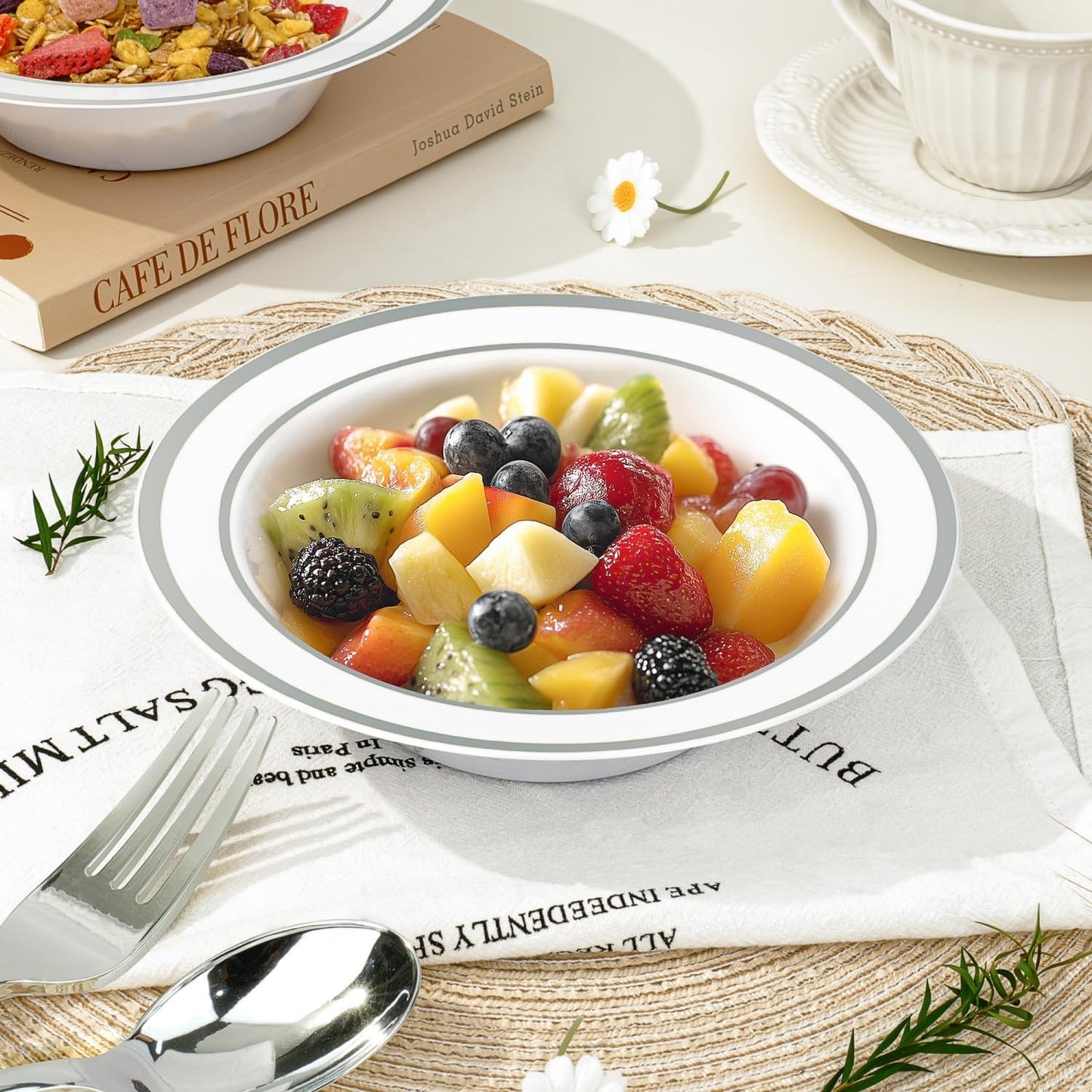 BESTVIP 50 Pack Plastic Bowls with Silver Rim, 12 oz Disposable Soup Bowls, Heavy-duty Dessert Salad Bowl for Party, Wedding, Christmas, Thanksgiving Catering and Dinner