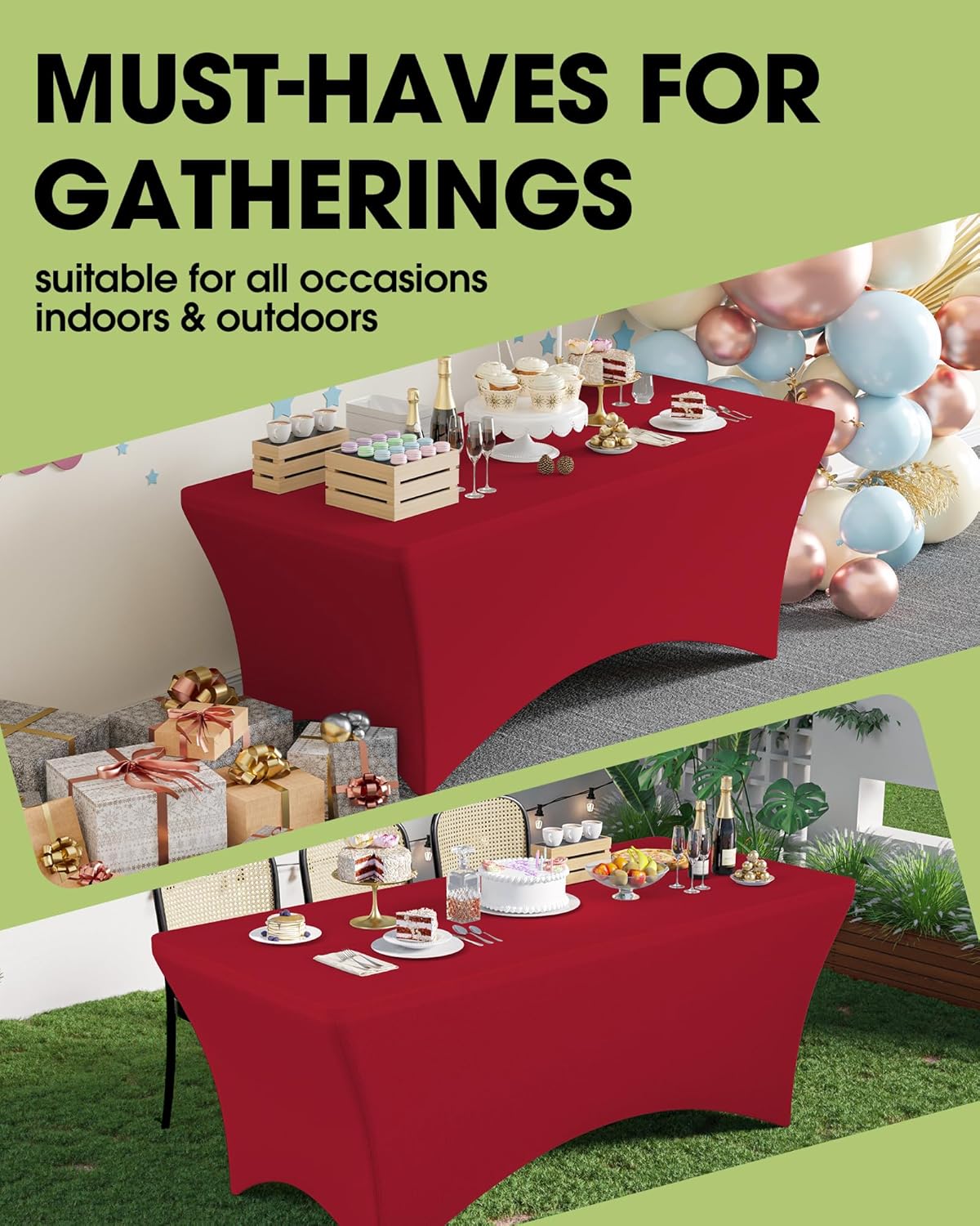 Pureegg Spandex Tablecloth 6ft - 6 Pack, Fitted and Stretch Table Cover for Rectangle Tables, Wrinkle-Resistant and Secure Fabric for Outdoor, Picnic, Party, Wedding, Banquet and Birthday, Red