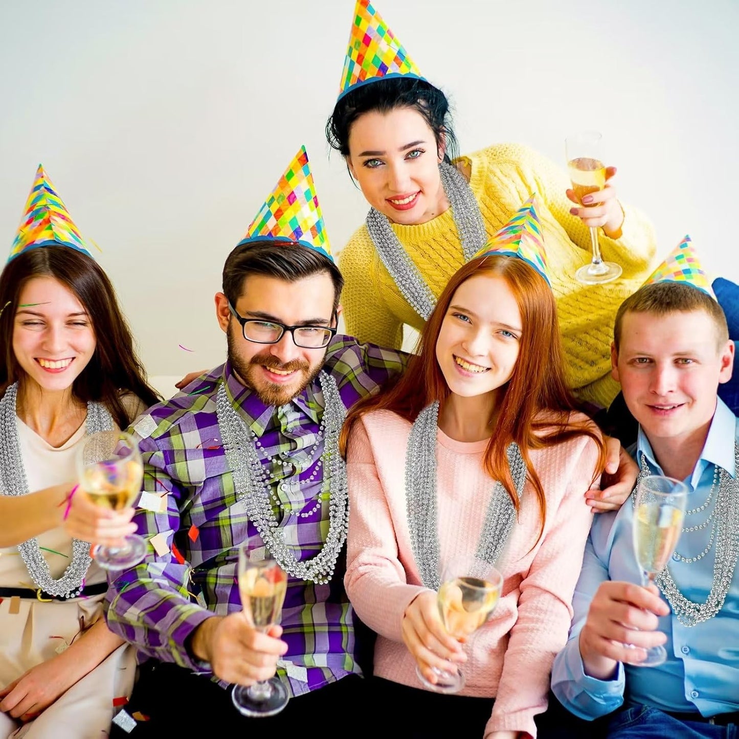 24PCS Christmas Bead Necklace, Silver Xmas Bead Stuff Party Favors, 33" Necklace Women Men Bulk, Festival Events Parade Throw Accessories for Christmas Mardi Gras Wedding Birthday Celebrations Decor