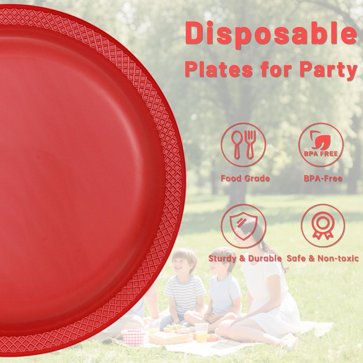 WELLIFE 10 Inch Plastic Plates Red 50 Count Disposable Plate for Party, Large Big Plates for Dinner Party Supplies Birthday Camping BBQ Baby Shower