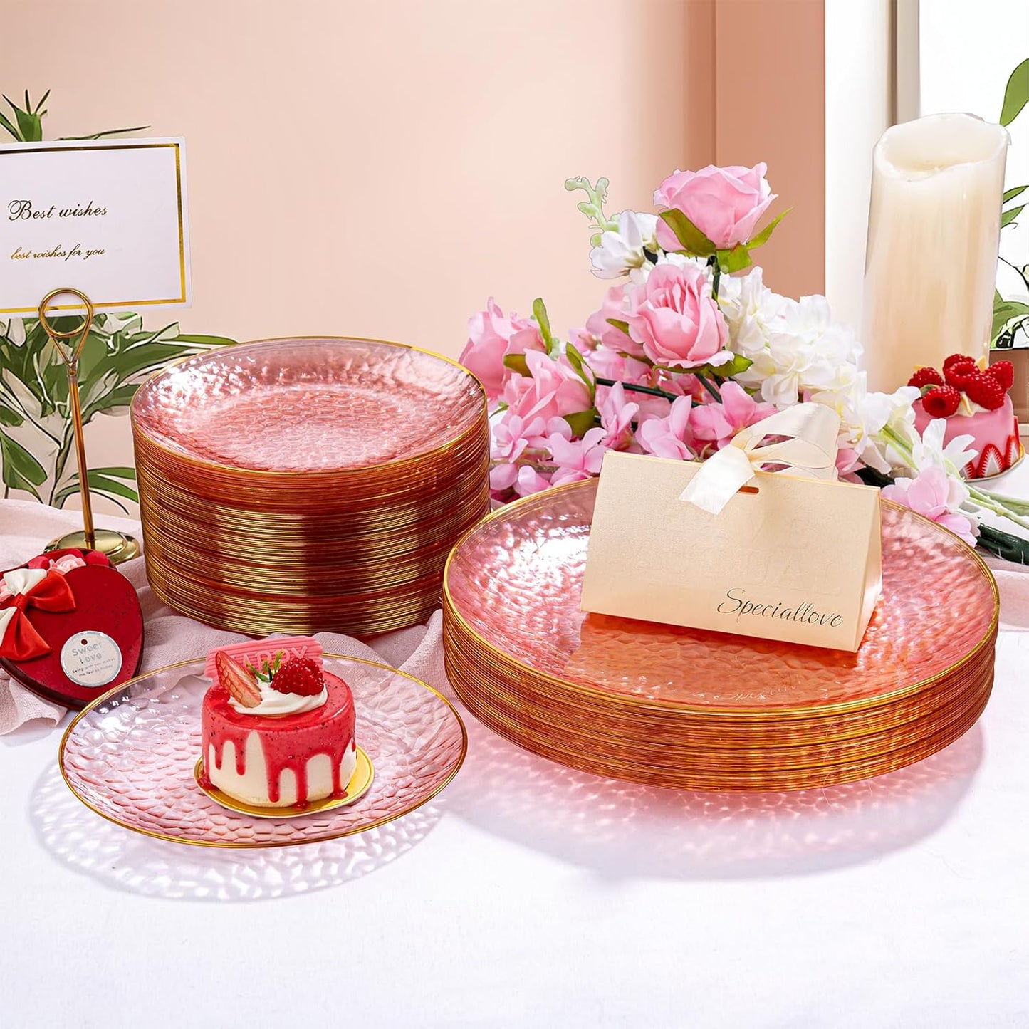 Rubtlamp 100Pcs Clear Pink Gold Plastic Plates, Pink Disposable Plates With Gold Rim, Hammered Plastic Plates Include 50 Clear Dessert Platos, 50 Dinner Platos for Party