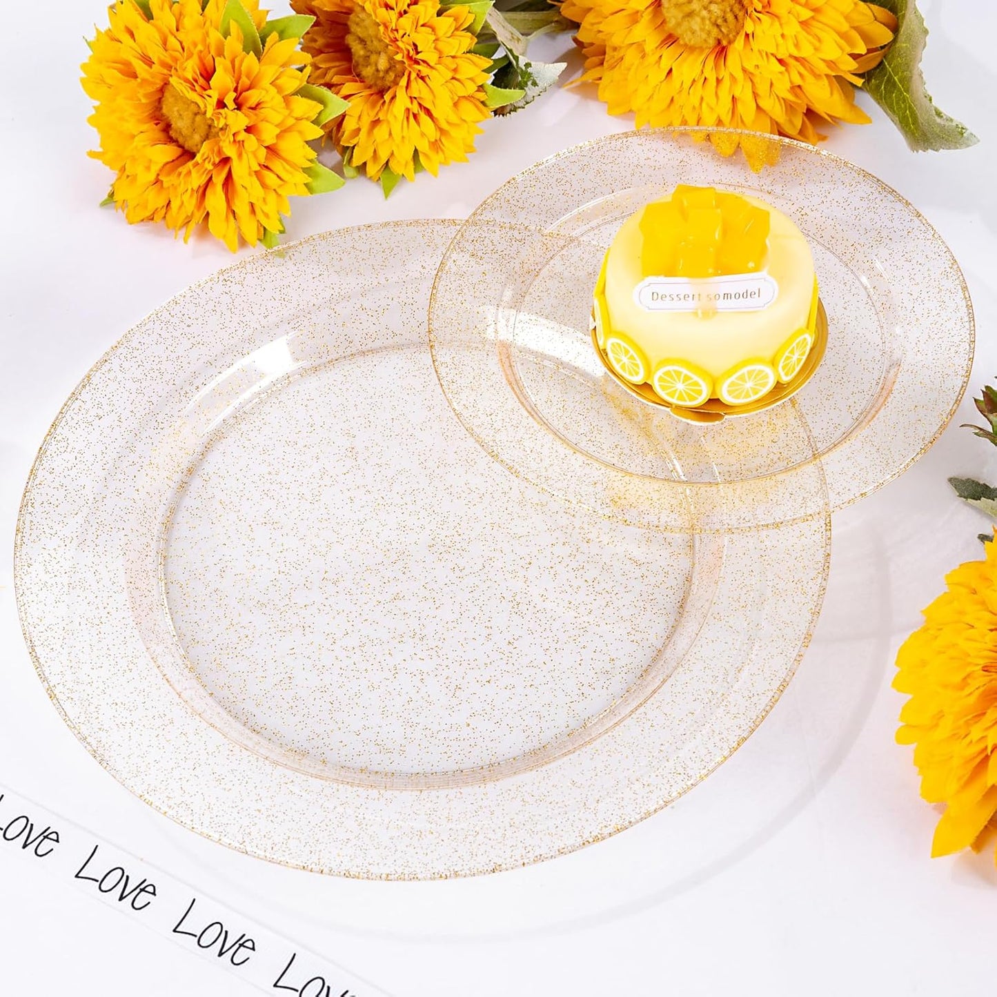 WDF 200PCS Gold Plastic Plates - Gold Glitter Plastic Plates - Heavy Duty Gold Glitter Disposable Plates - Include 100 Dinner Plates 10" and 100 Dessert Plate 7" for Thanksgiving Parties/Wedding
