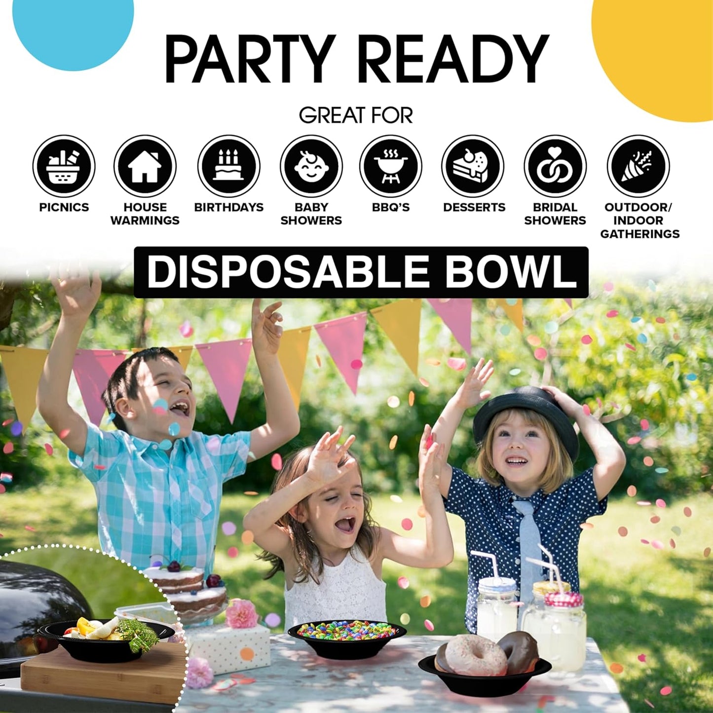 Exquisite Party Solids 12 Oz Black Plastic Bowls Disposable Bowls for Hot Food Soup 100 Pcs - For Soup, Salad, Cereal, Desserts & Party Supplies