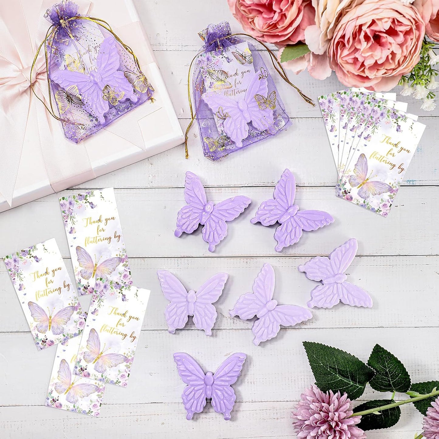 Dunzy 30 Sets Butterfly Theme Baby Shower Favors for Guests Christmas Butterfly Soap Favors with Thanks You Cards Gender Reveal Baptism Party Decorations Wedding Bridal Souvenirs (Purple,Light Purple)