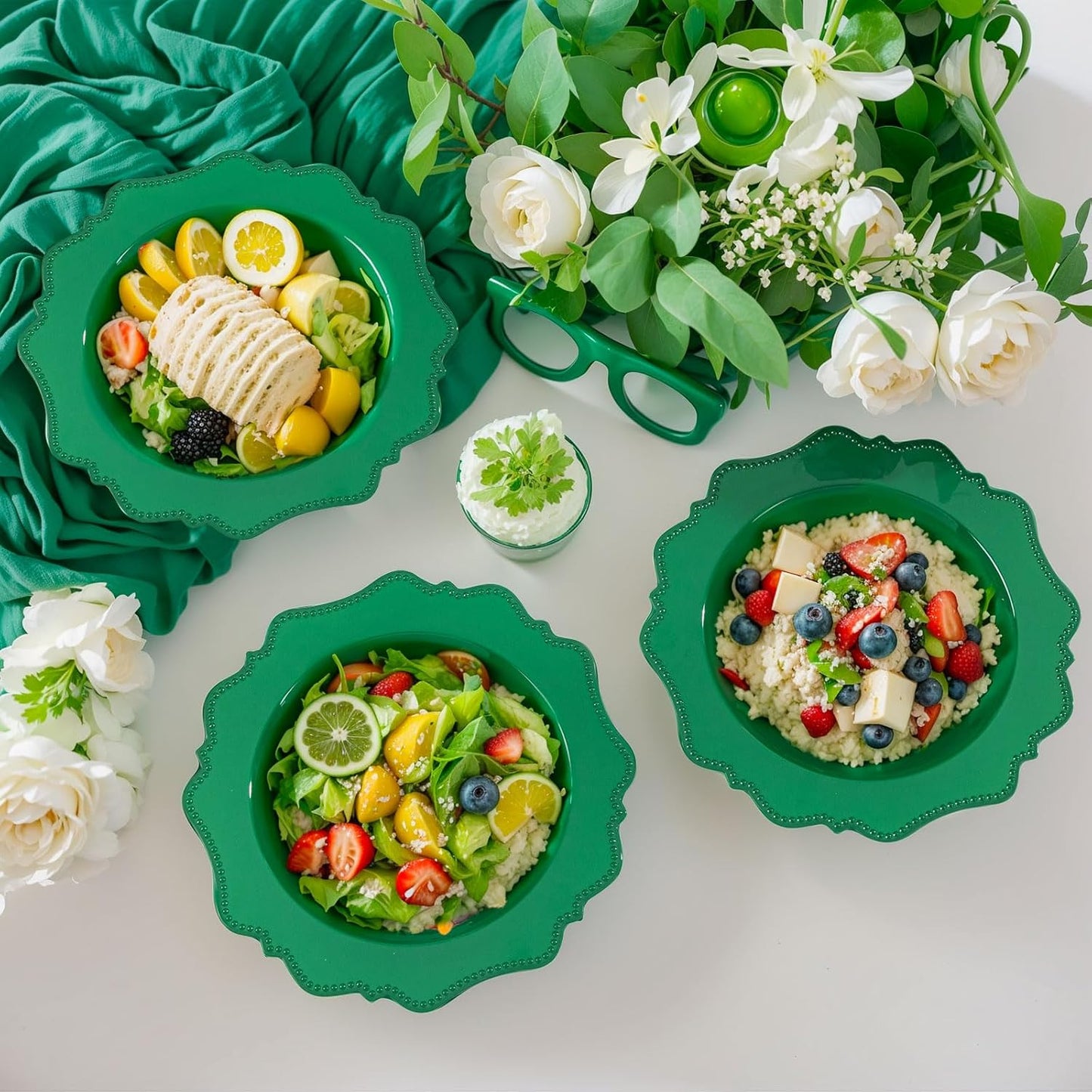 COLOSUS 60 Pack Green White Plastic Bowls, 12 oz Disposable Soup Bowls, Premium Plastic Dinner Bowls,Heavy-duty Dessert Salad Bowl for Party, Wedding, Dinner, Christmas, Thanksgiving, and Catering