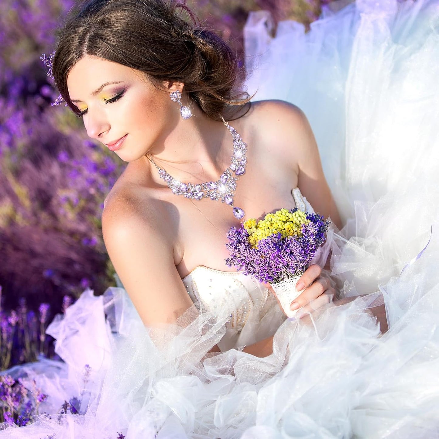 Hicarer Bridal Teardrop Cluster Crystal Jewelry Set for Women Necklace Earrings Wedding