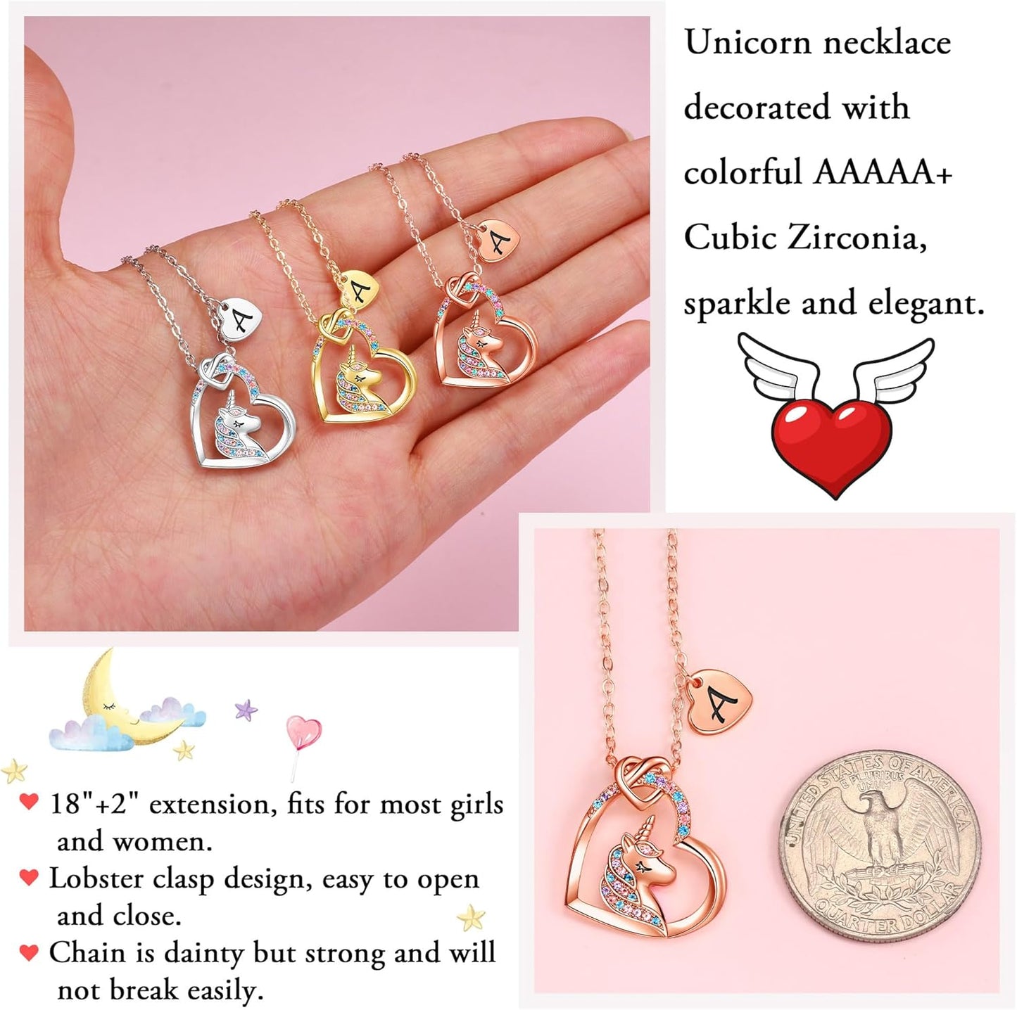 Hidepoo Stocking Stuffers for Teen Girls Kids - Colorful CZ Heart Pendant Initial Unicorn Necklaces for Girl Jewelry Birthday Gift Christmas Gifts for Grandkids Girls Kid