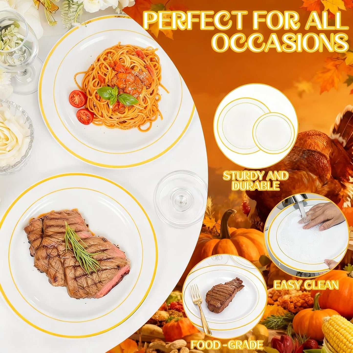 WDF 60PCS White Gold Plates Disposable - Gold Plastic Plates, Including 30-10.25inch Gold Dinner and 30-7.5inch Salad/Dessert for Thanksgiving
