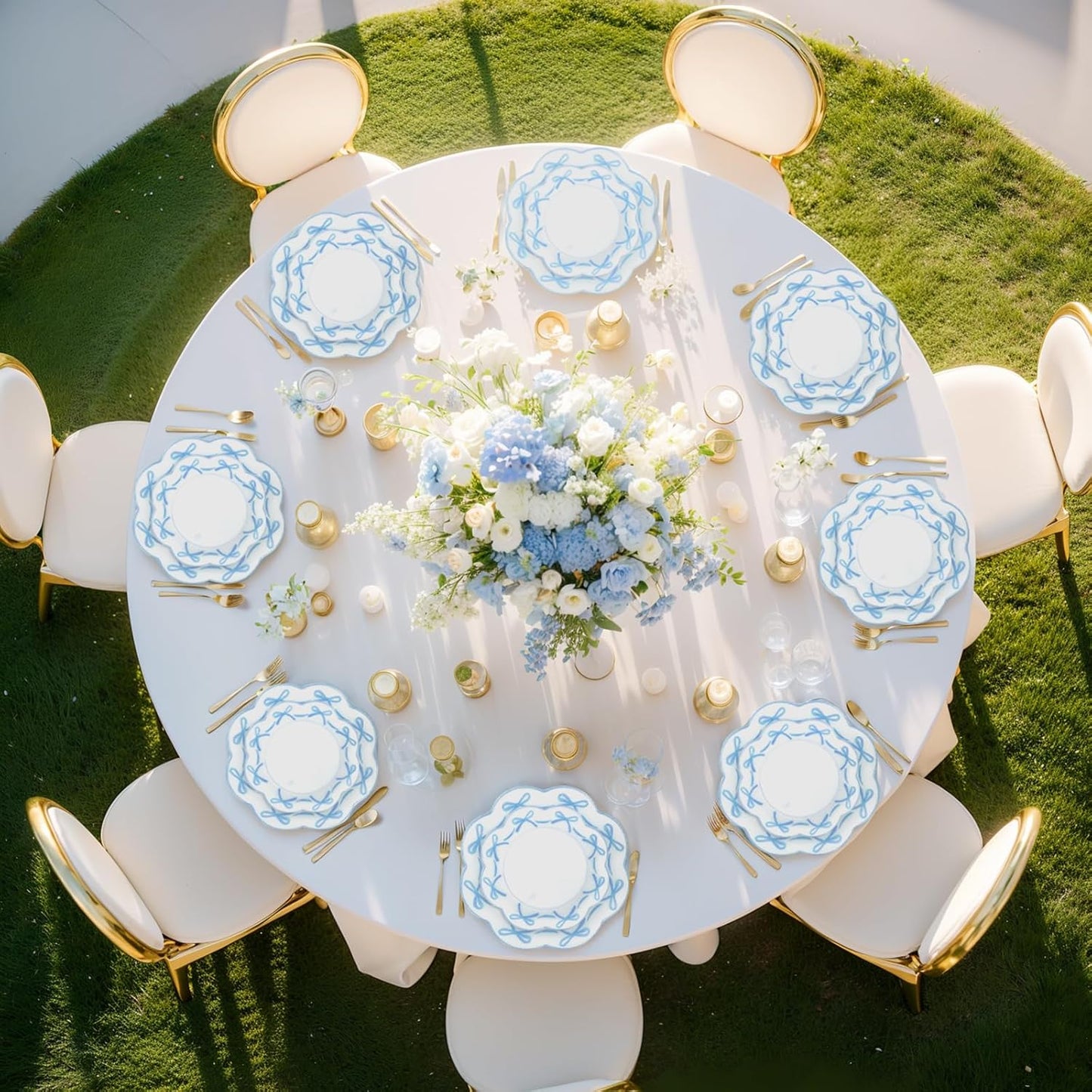 LIYH 60 Pcs Blue Bow Plastic Plates for Party - Blue Bow Knot Scalloped Plastic Plate Disposable Plates Set for Wedding Bridal Shower - 10.25" Dinner & 7.5" Dessert Plate