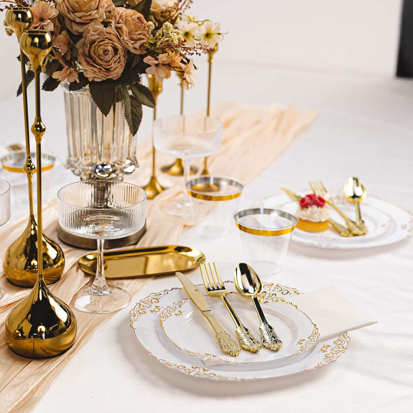 350PCS Gold and White Plastic Plates, Gold Plastic Dinnerware Sets for 50 Guests, 100 Disposable Plates, 150 Silverware, 50 Cups, 50 Napkins for Party and Wedding