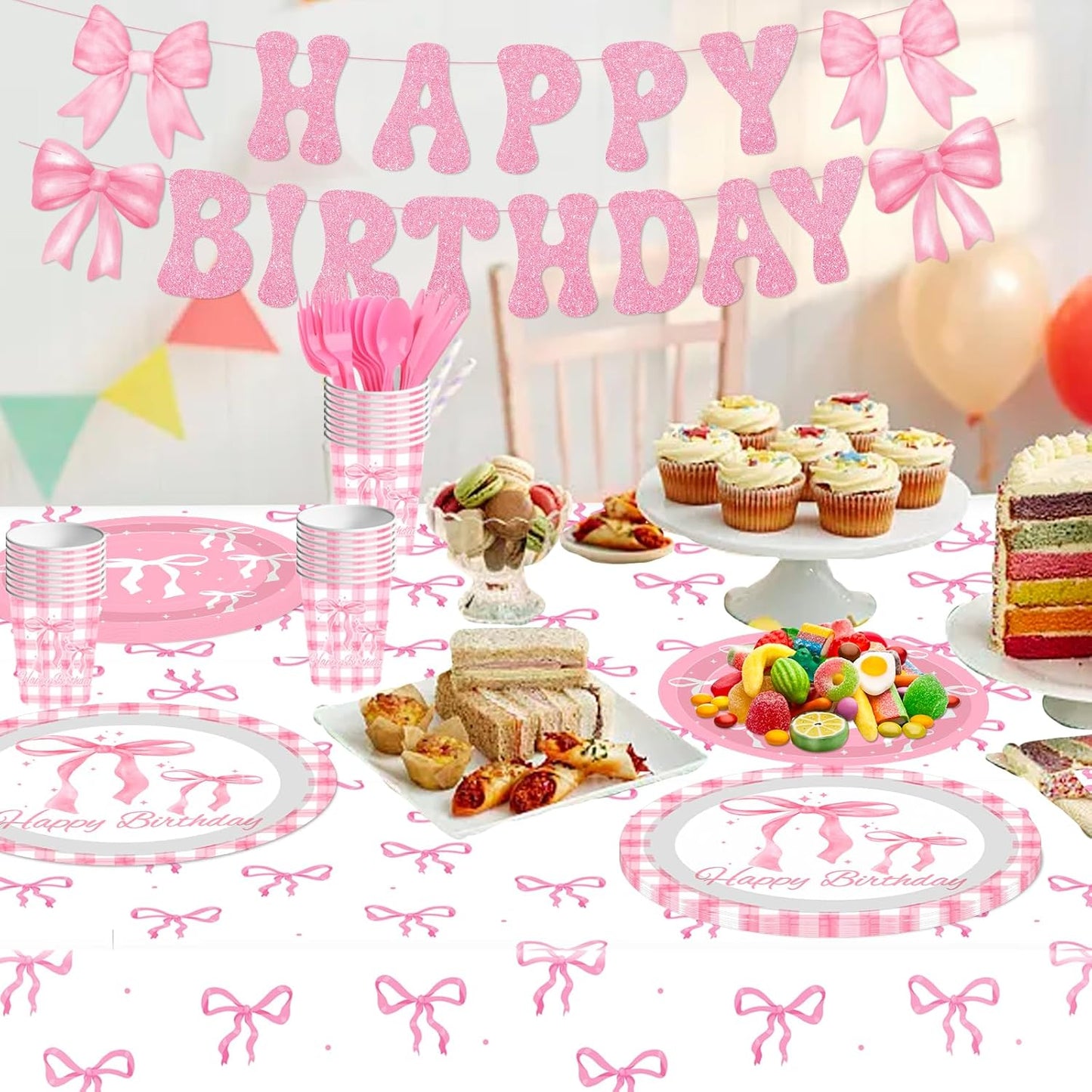 142Pcs Pink Bow Birthday Party Supplies Kit,Lncludesice Bow Themed Plates Cups Napkins Cutlery Tablecloth and Banner, for Bridal Engagement Princess Birthday Party Decorations,Serve 20