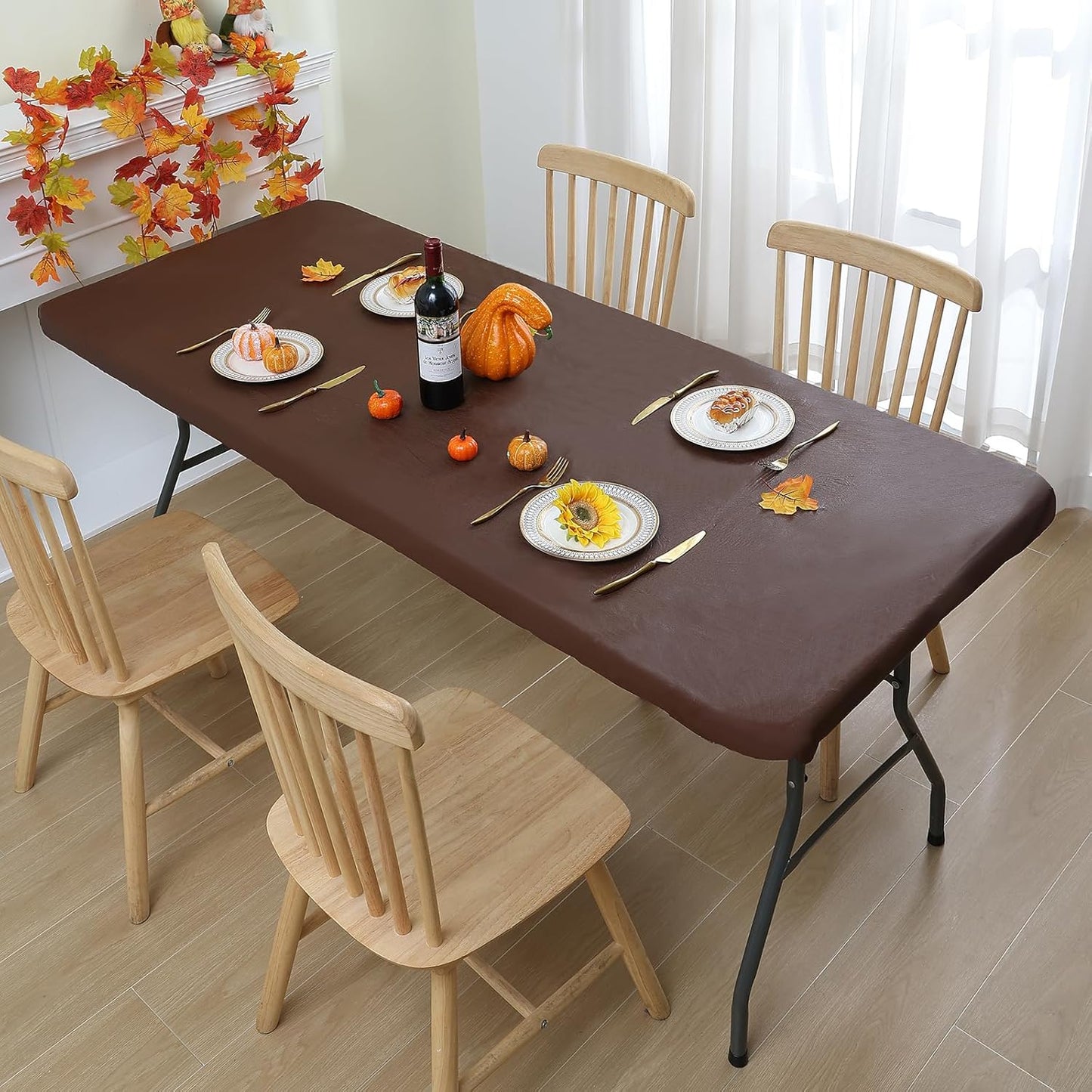 Smiry Rectangle Tablecloth, Elastic Fitted Flannel Backed Vinyl Tablecloths for 8ft Folding Tables, Waterproof Wipeable Table Covers for Indoor, Outdoor, Picnic and Camping (Coffee, 30"x96")