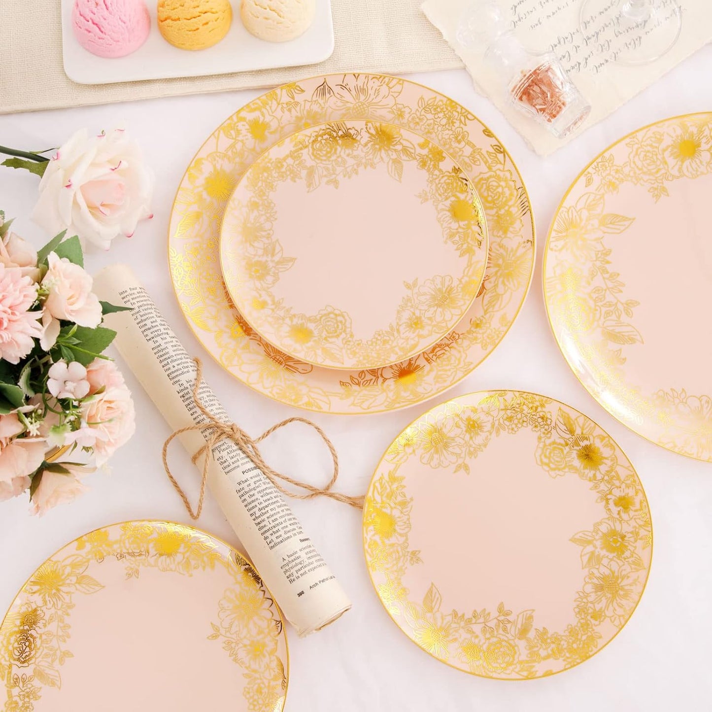 LIYH 60 Pcs Pink and Gold Plastic Plates - Disposable Pink Party Plates, Dessert & Dinner Plate, Baby Shower Bridal Shower Floral Fairy Plate for Birthday Tea Party