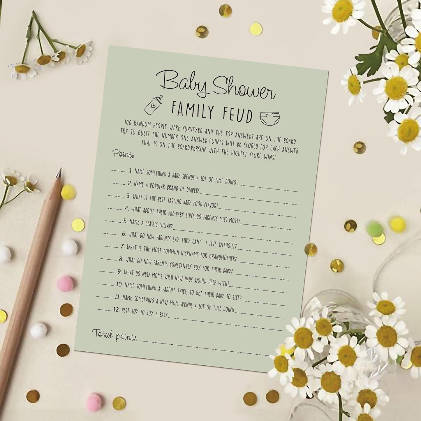 Baby Shower Family Feud Game - Pack of 30 Game Cards 1 Answer Key, Baby Shower Game for Boy & Girl, Gender Neutral Baby Shower Decorations, Baby Feud Game Supplies-01E-Atrovirens