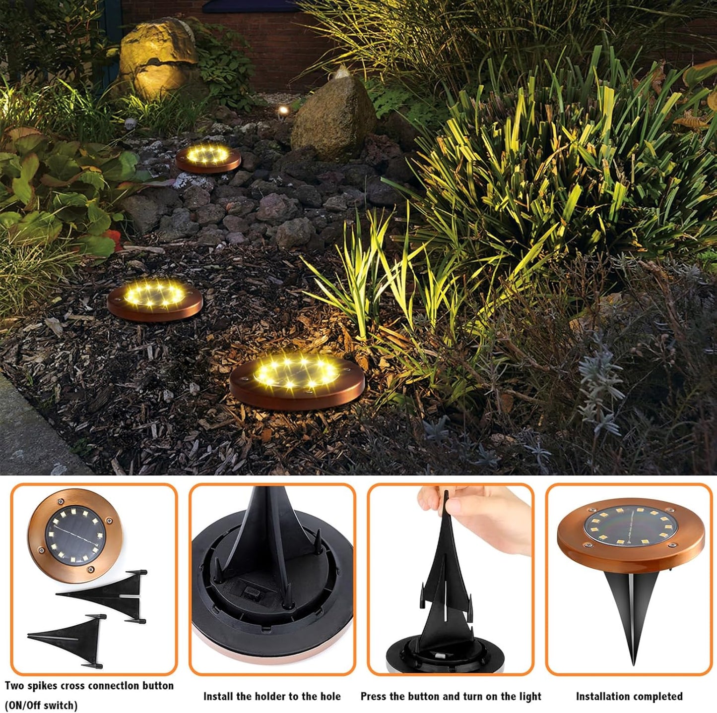 Solar Ground Lights Outdoor Waterproof Flat Garden Solar Disk Lights Outdoor Floor Lights 12 LED 4 Pack for Garden Patio Pathway Landscape Driveway Yard Path Decor