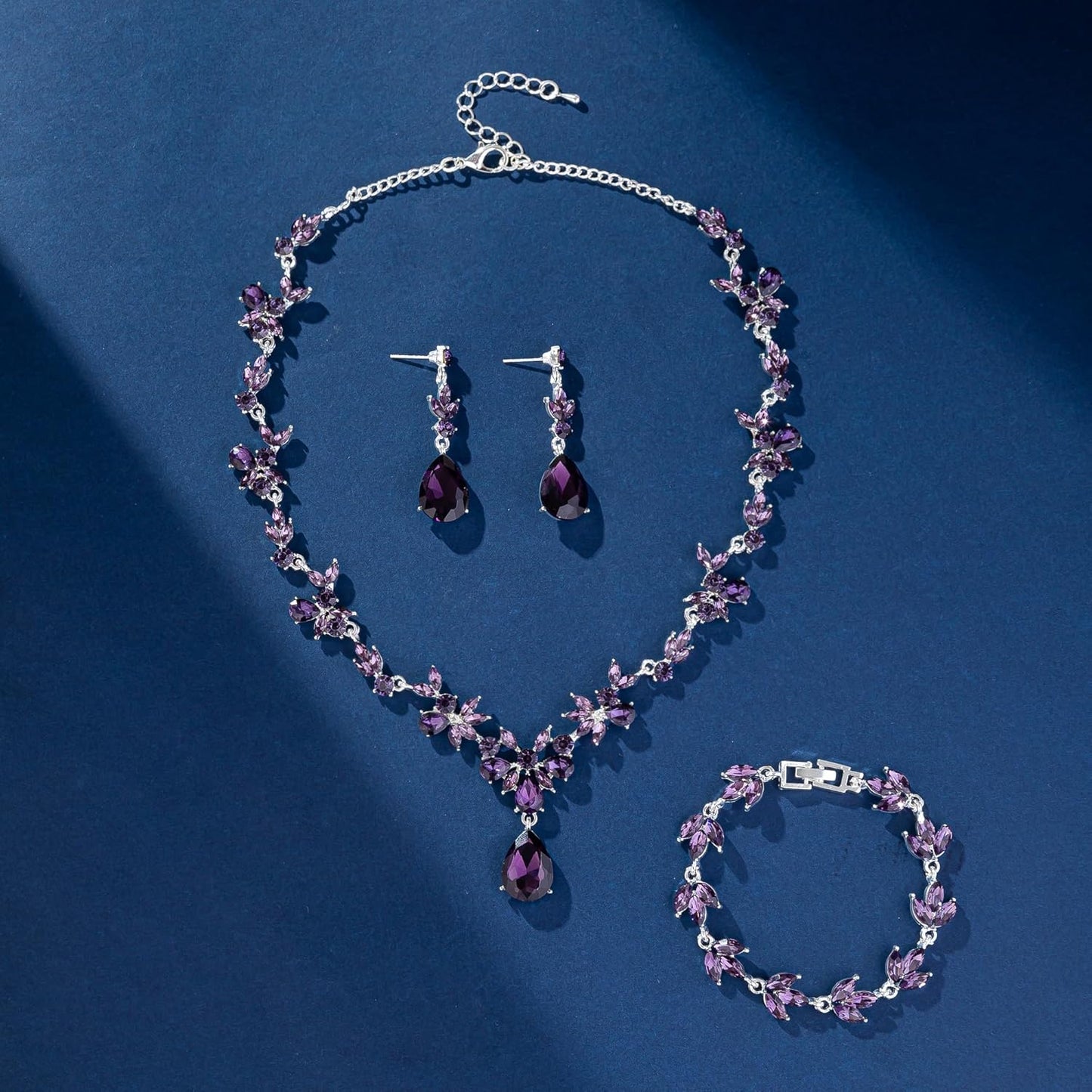 Bridal Wedding Elegant Floral Jewelry Set for Women/Brides/Bridesmaids Crystal Jewelry Set for Wedding Prom Party Bridal Crystal Necklace Earrings Bracelet Set